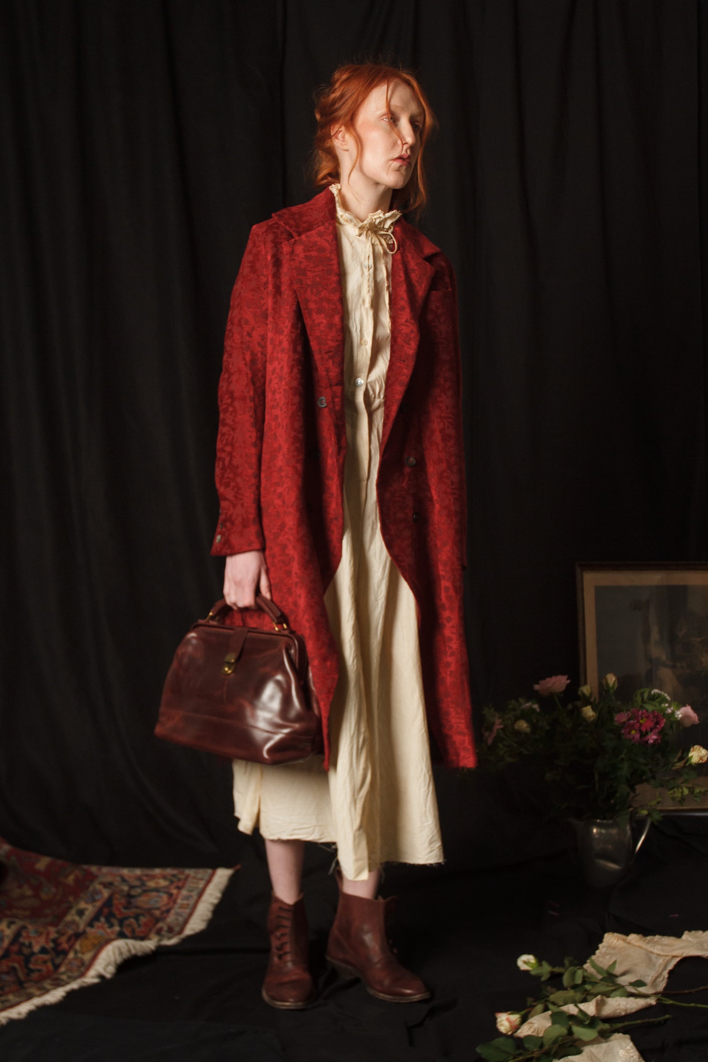 A Tentative Atelier AW18 Lookbook Womens red silk coat and burgundy top handle bag