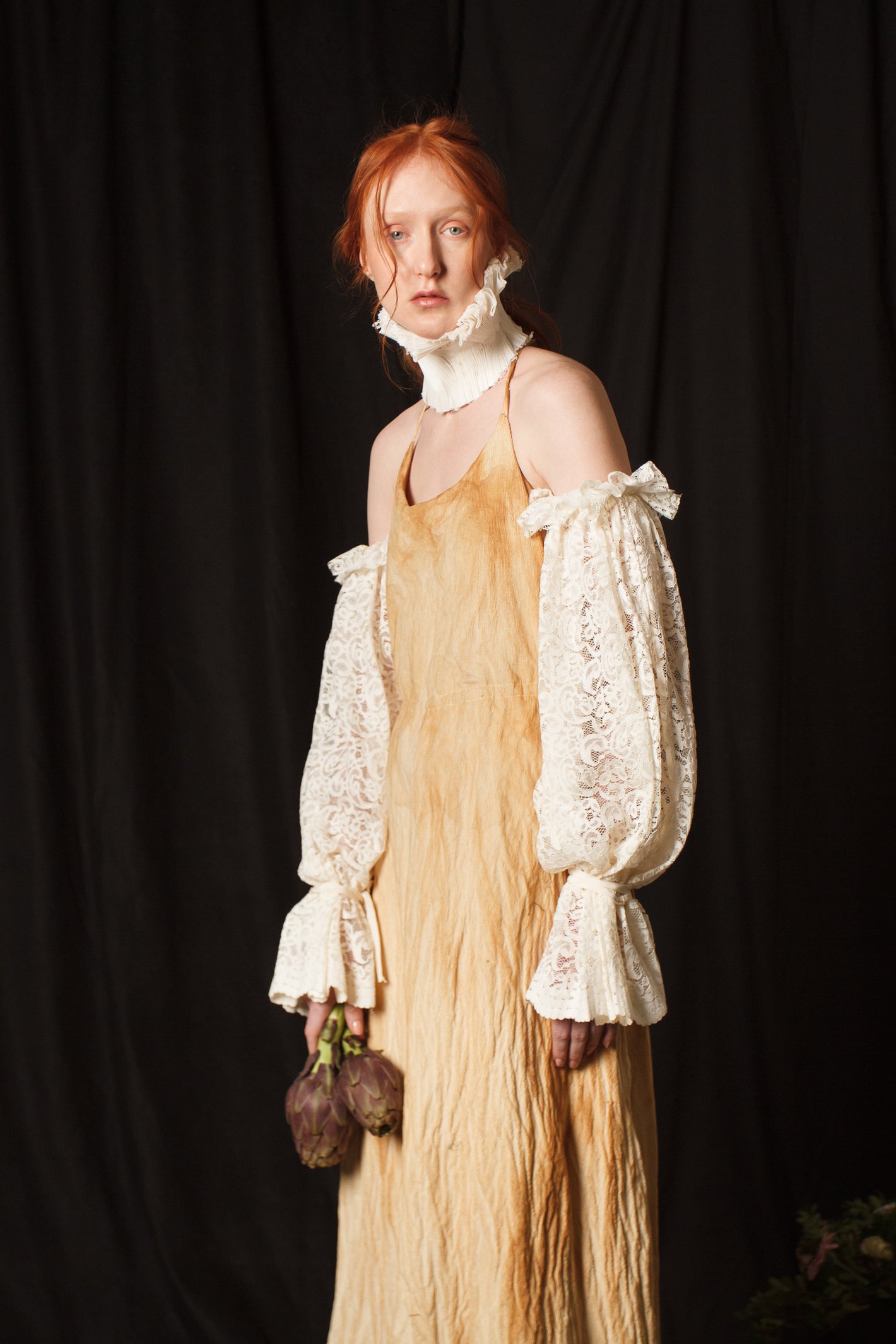 A Tentative Atelier AW18 Lookbook Womens crop of beige crinkled slip dress with white lace ruffle collar and balloon sleeve accessories