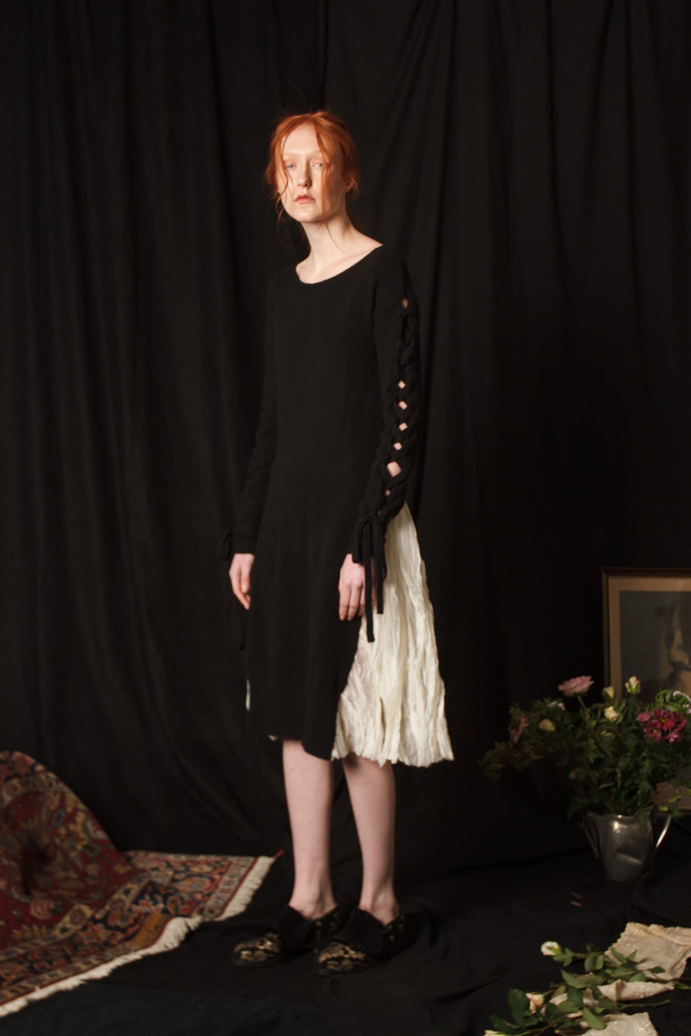 A Tentative Atelier AW18 Lookbook Womens black knit tunic with braided sleeves