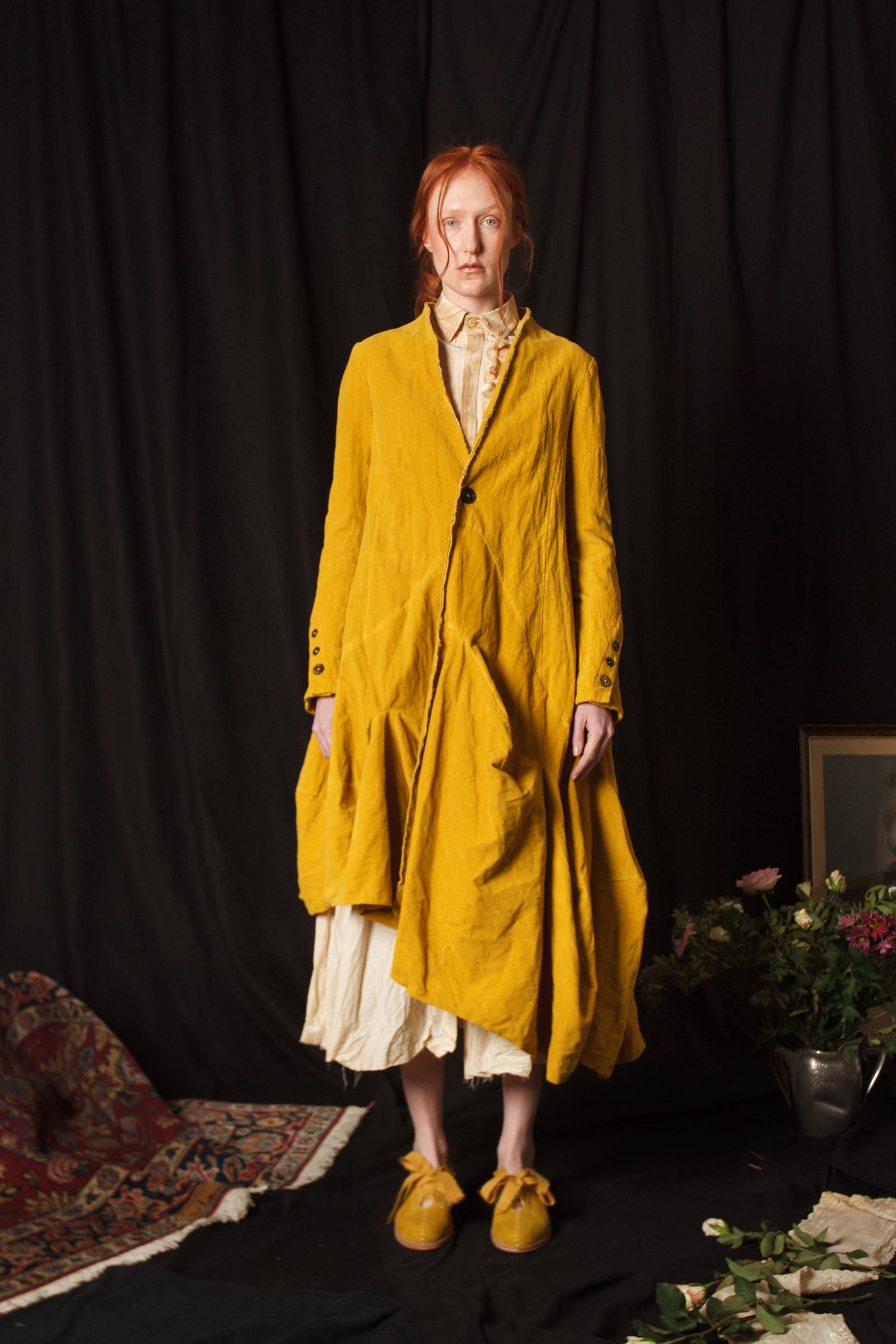 A Tentative Atelier AW18 Lookbook Womens mustard yellow velvet singe button draped coat