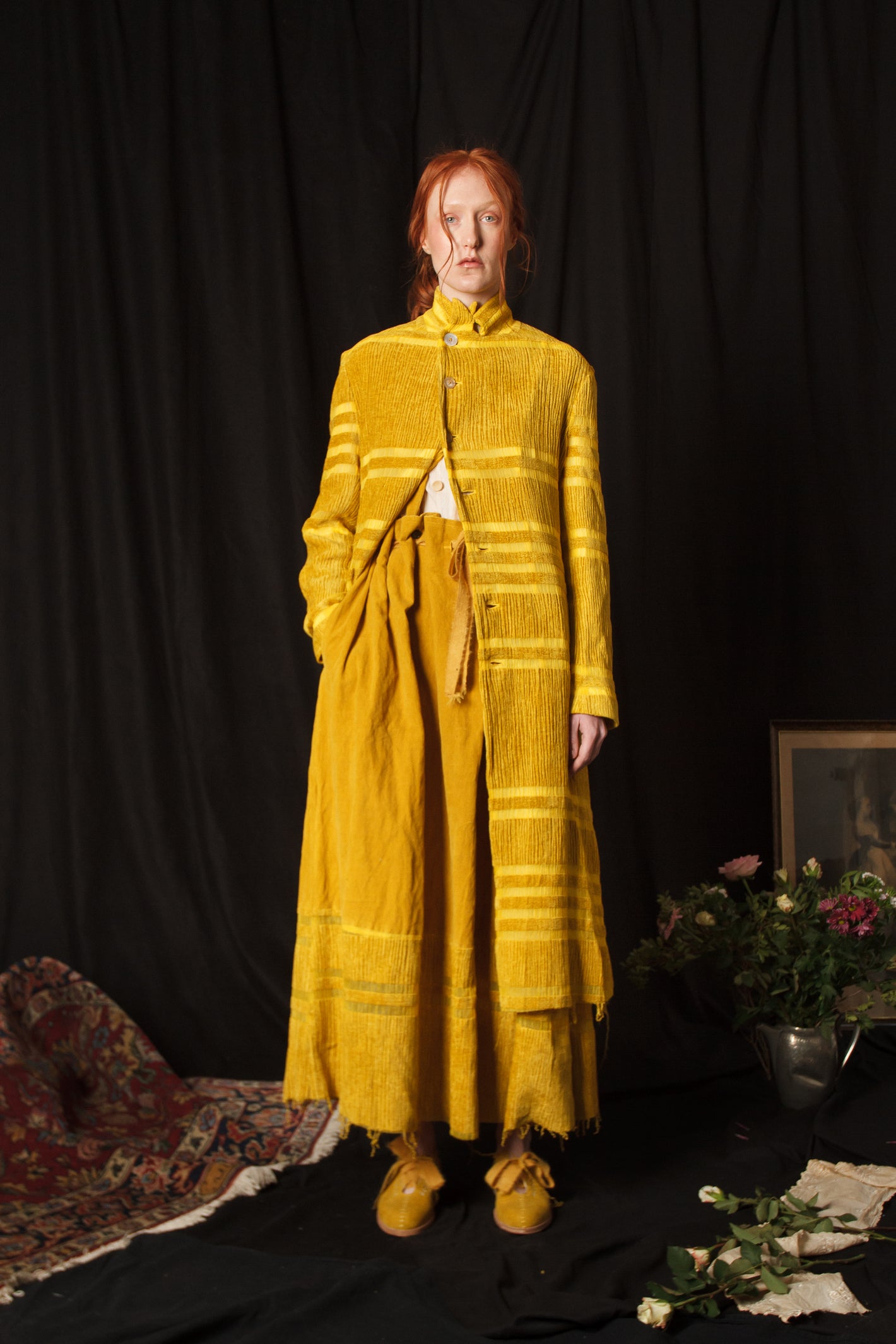 A Tentative Atelier AW18 Lookbook Womens mustard yellow velvet coat with horizontal silk stripes