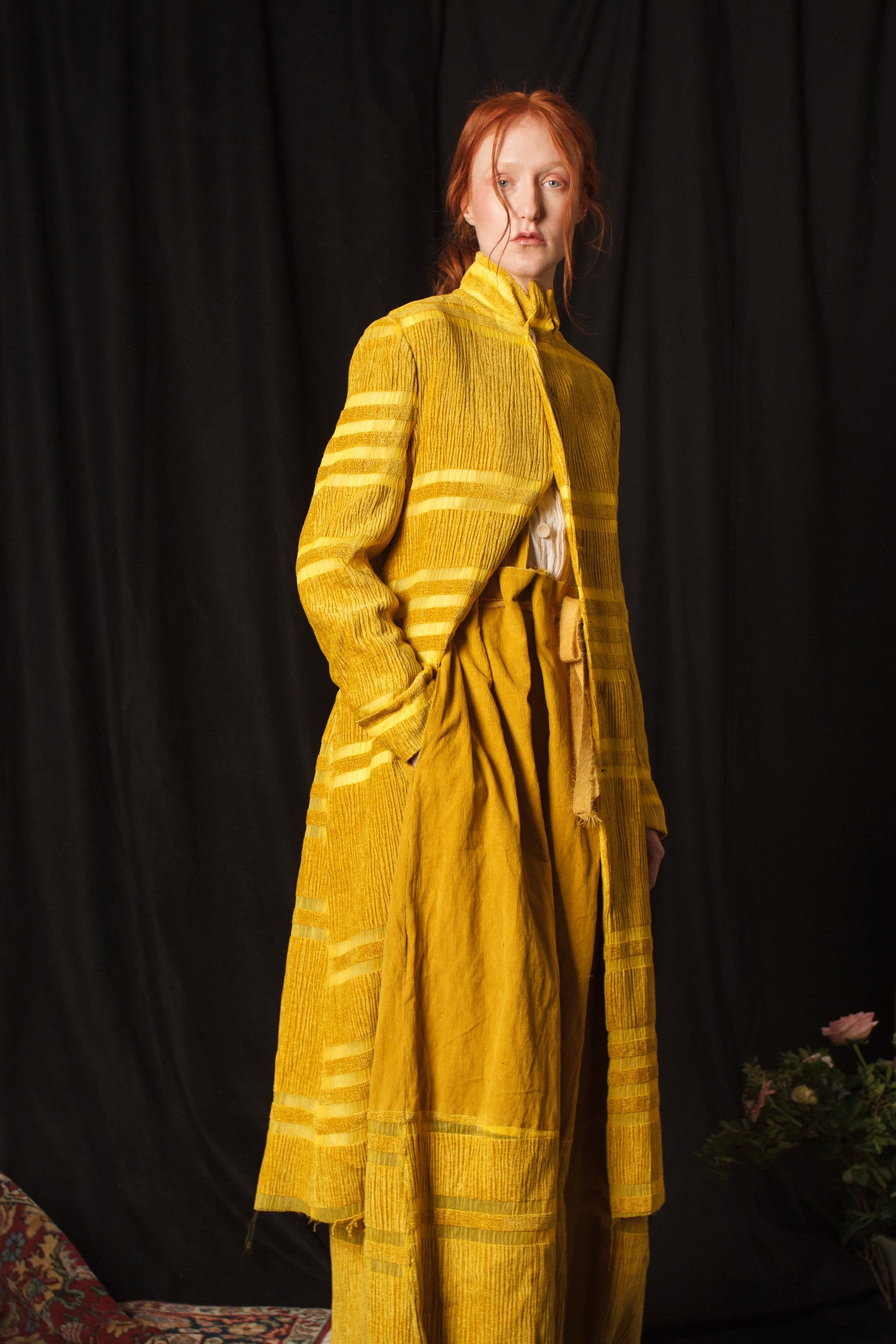 A Tentative Atelier AW18 Lookbook Womens crop of mustard yellow velvet coat with horizontal silk stripes