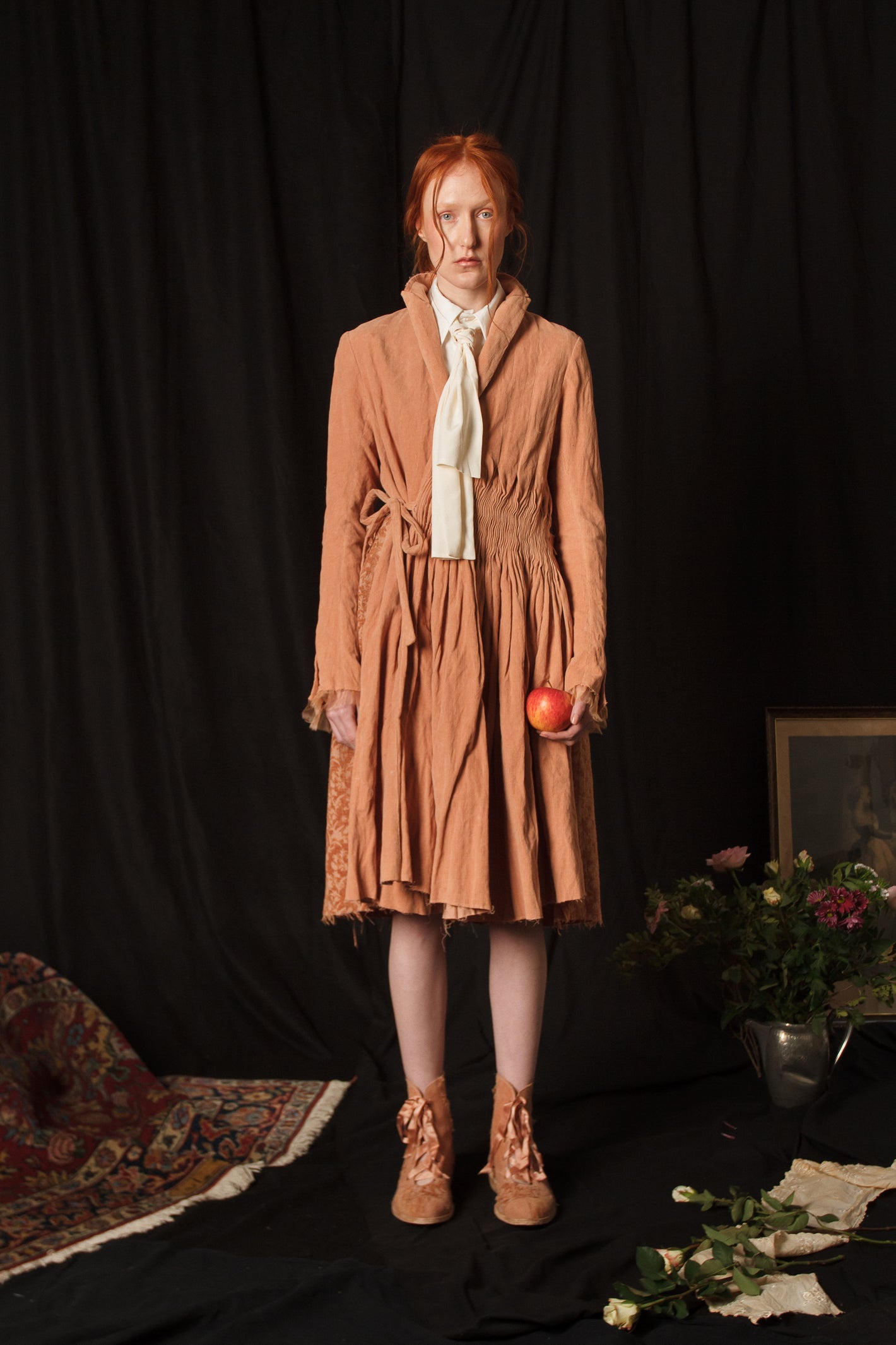 A Tentative Atelier AW18 Lookbook Womens salmon coat patchwork side fastening coat with smocked waist