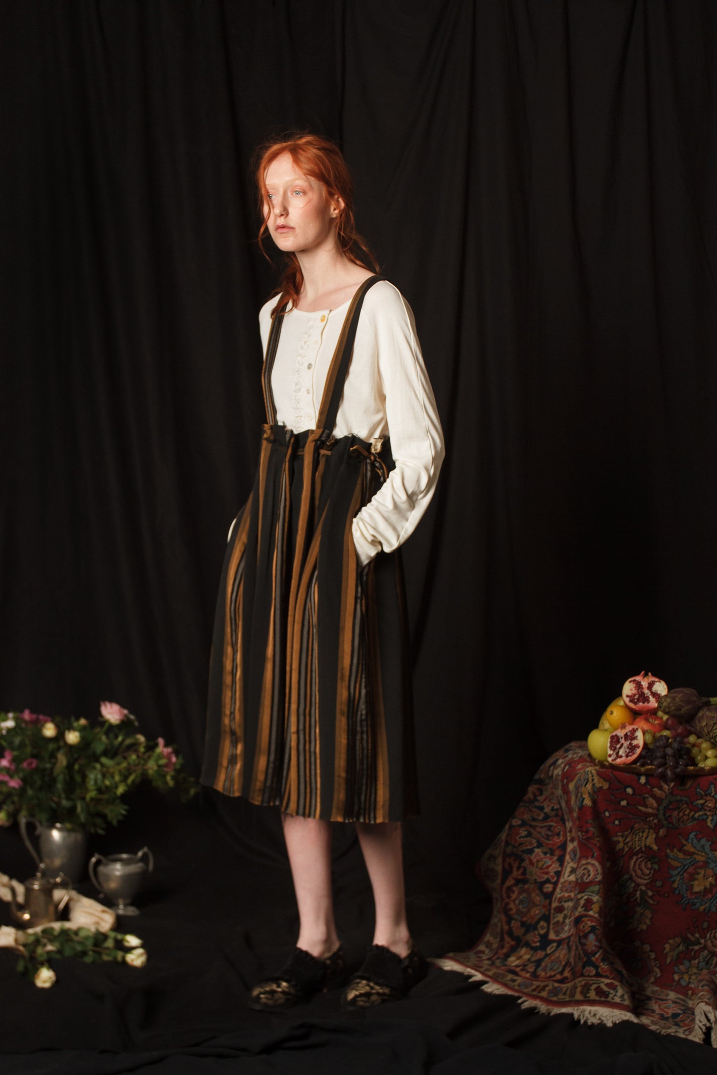 A Tentative Atelier AW18 Lookbook Womens black, brown and silver striped suspender skirt