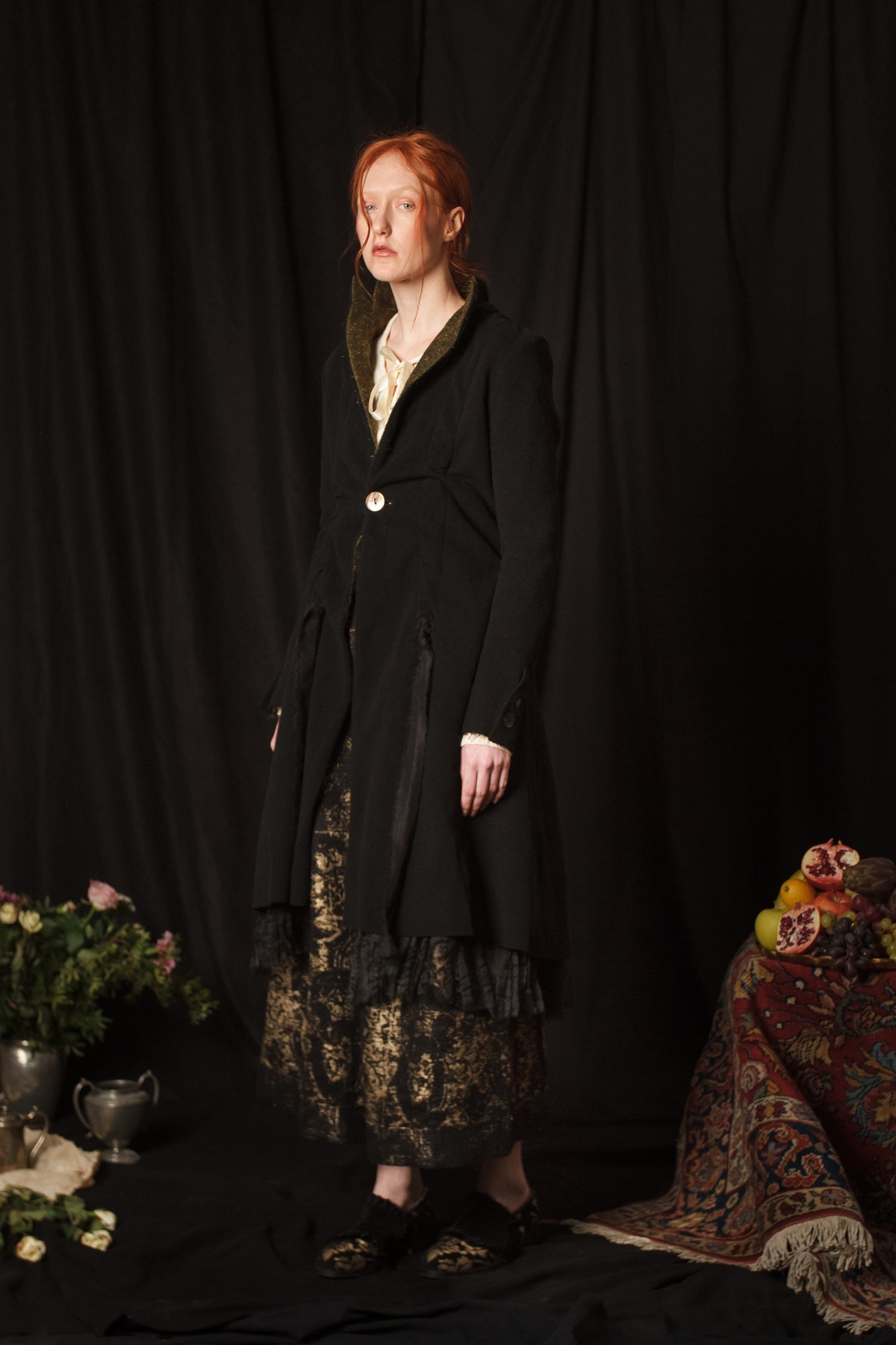 A Tentative Atelier AW18 Lookbook Womens black coat with tulle hem