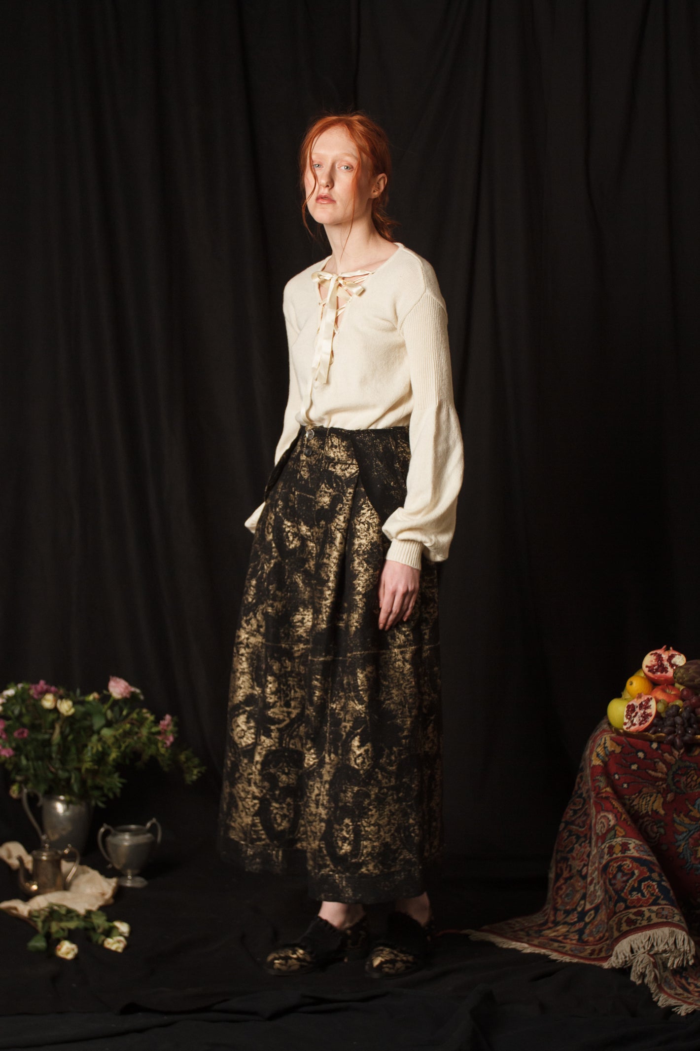 A Tentative Atelier AW18 Lookbook Womens black and gold silk embroidered skirt and ivory blouse