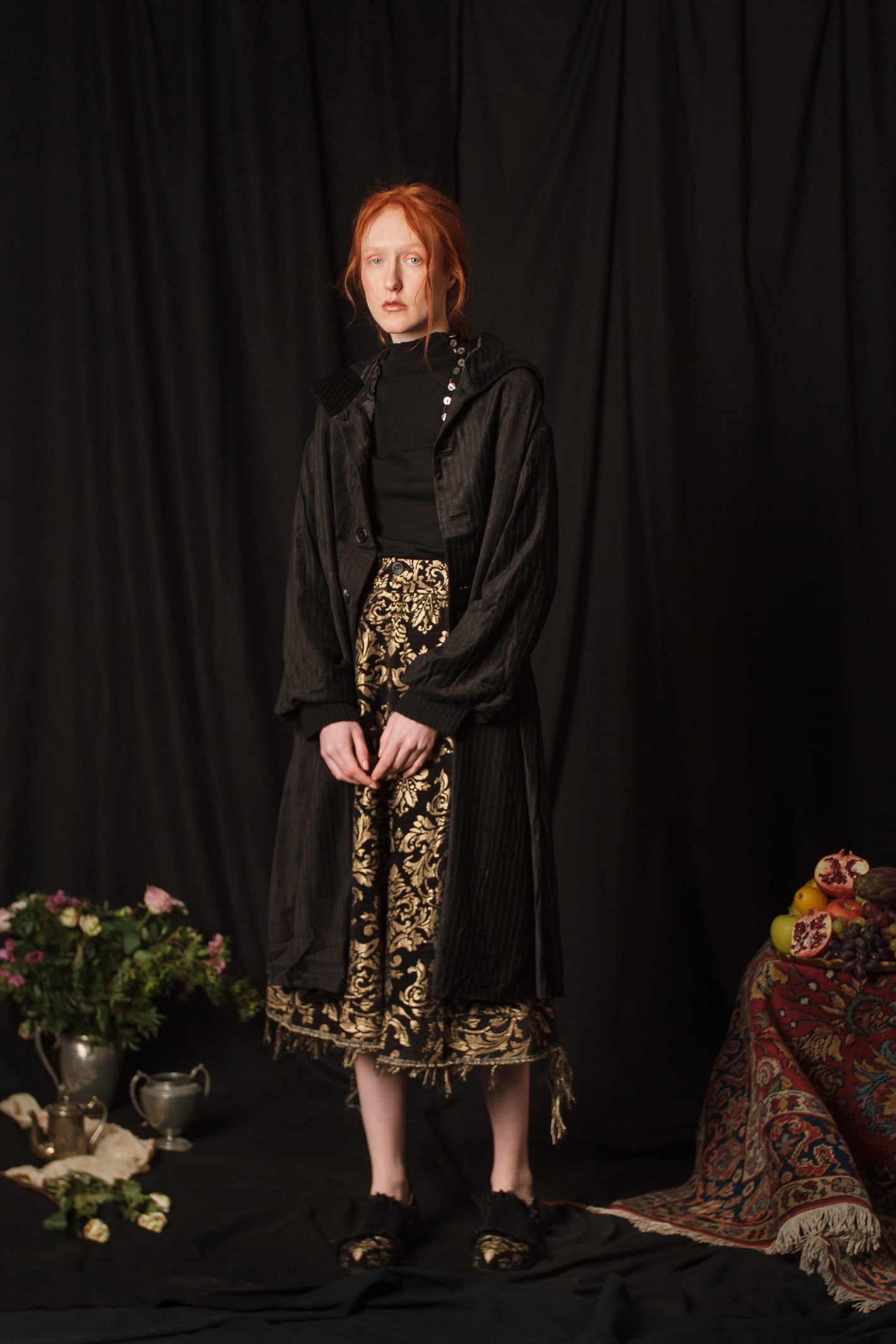 A Tentative Atelier AW18 Lookbook Womens black silk striped coat and gold and black embroidered skirt