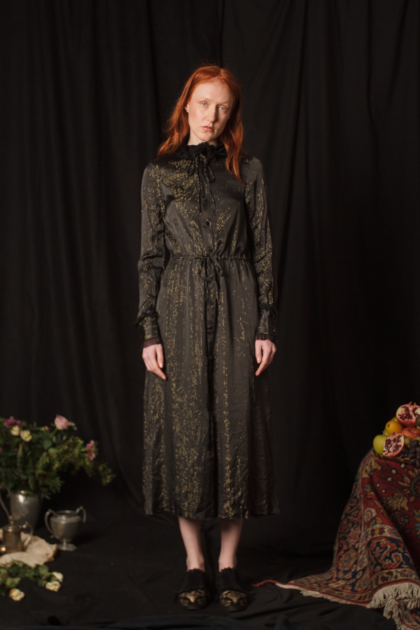 A Tentative Atelier AW18 Lookbook Womens black silk gold embroidered shirt dress with drawstring waist