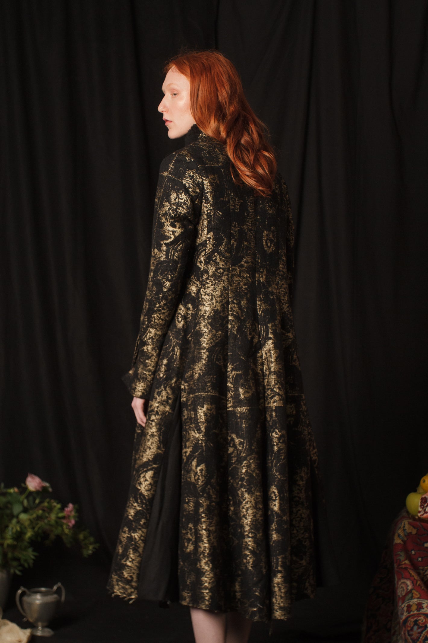 A Tentative Atelier AW18 Lookbook Womens crop of black gold silk embroidered coat from the back