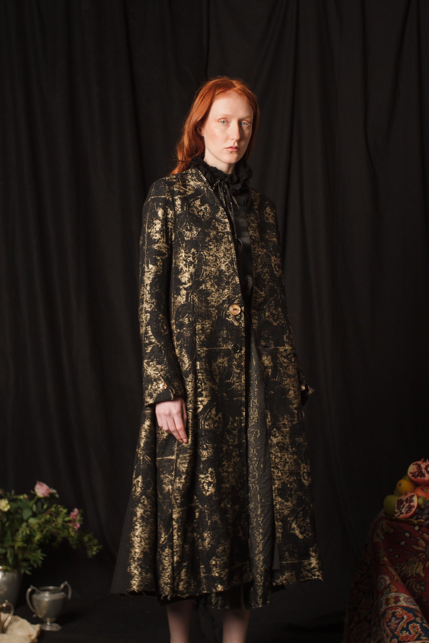 A Tentative Atelier AW18 Lookbook Womens crop of black gold silk embroidered coat