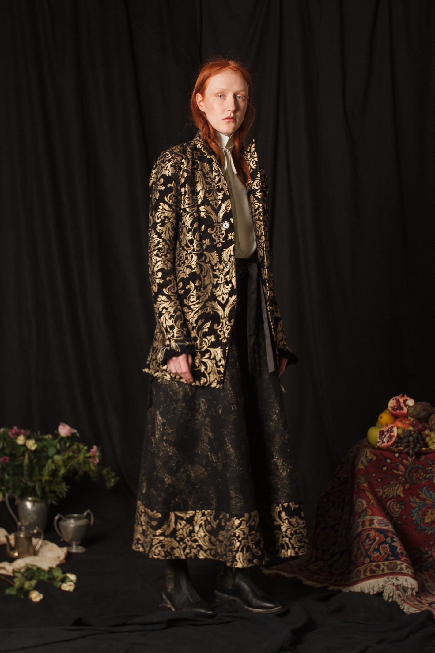 A Tentative Atelier AW18 Lookbook Womens black gold silk embroidered  jacket and skirt