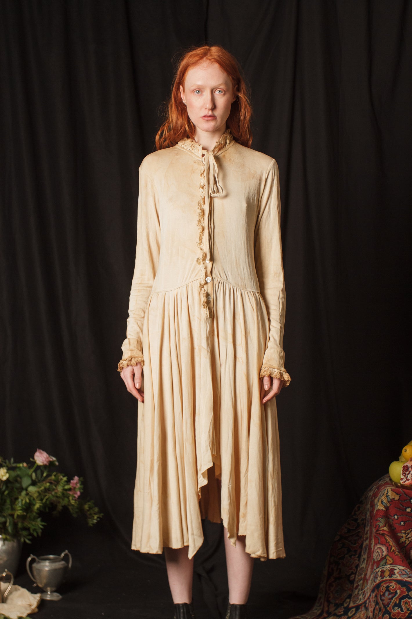 A Tentative Atelier AW18 Lookbook Womens crop of cream velvet shirt dress with ruffle trim and dropped waist