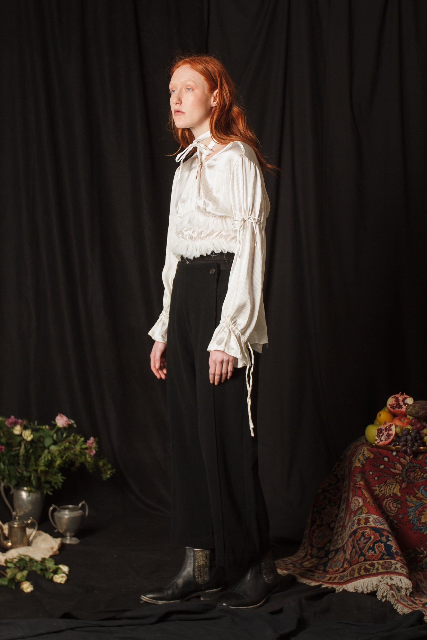 A Tentative Atelier AW18 Lookbook Womens white silk keyhole blouse with gathered balloon sleeves