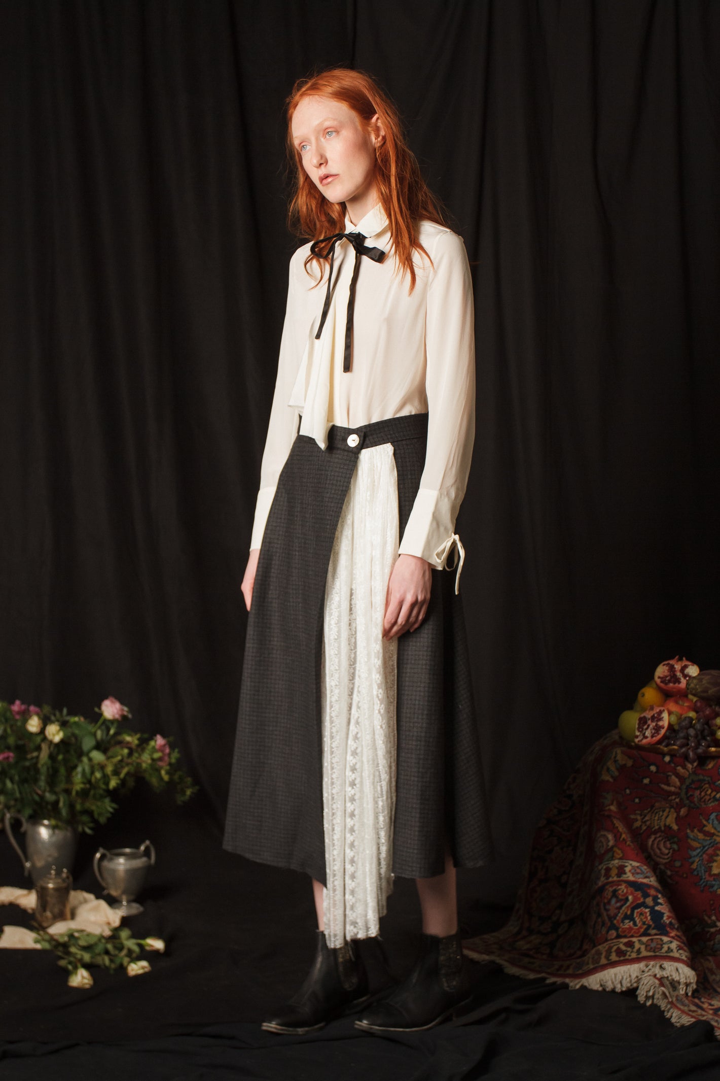 A Tentative Atelier AW18 Lookbook Womens white shirt and charcoal wrap skirt with lace appliqué panel
