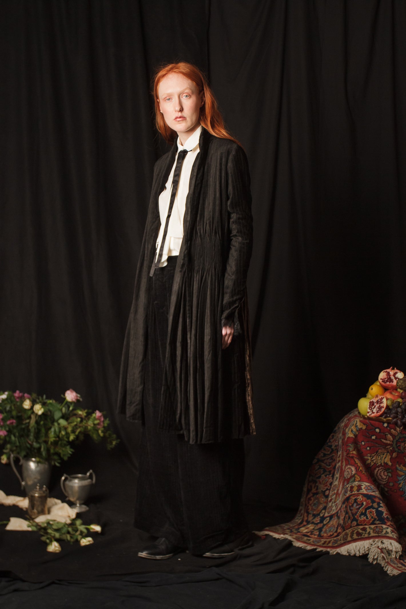 A Tentative Atelier AW18 Lookbook Womens black velvet coat with smocked waist