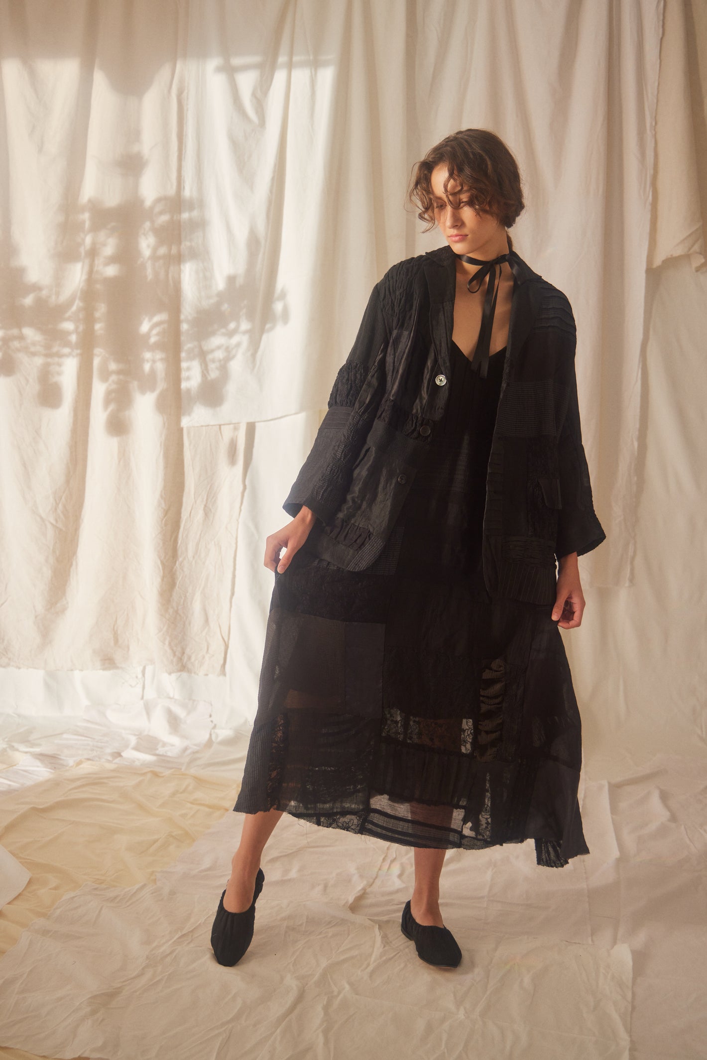 A Tentative Atelier SS22 Lookbook black patchwork jacket jacket and dress