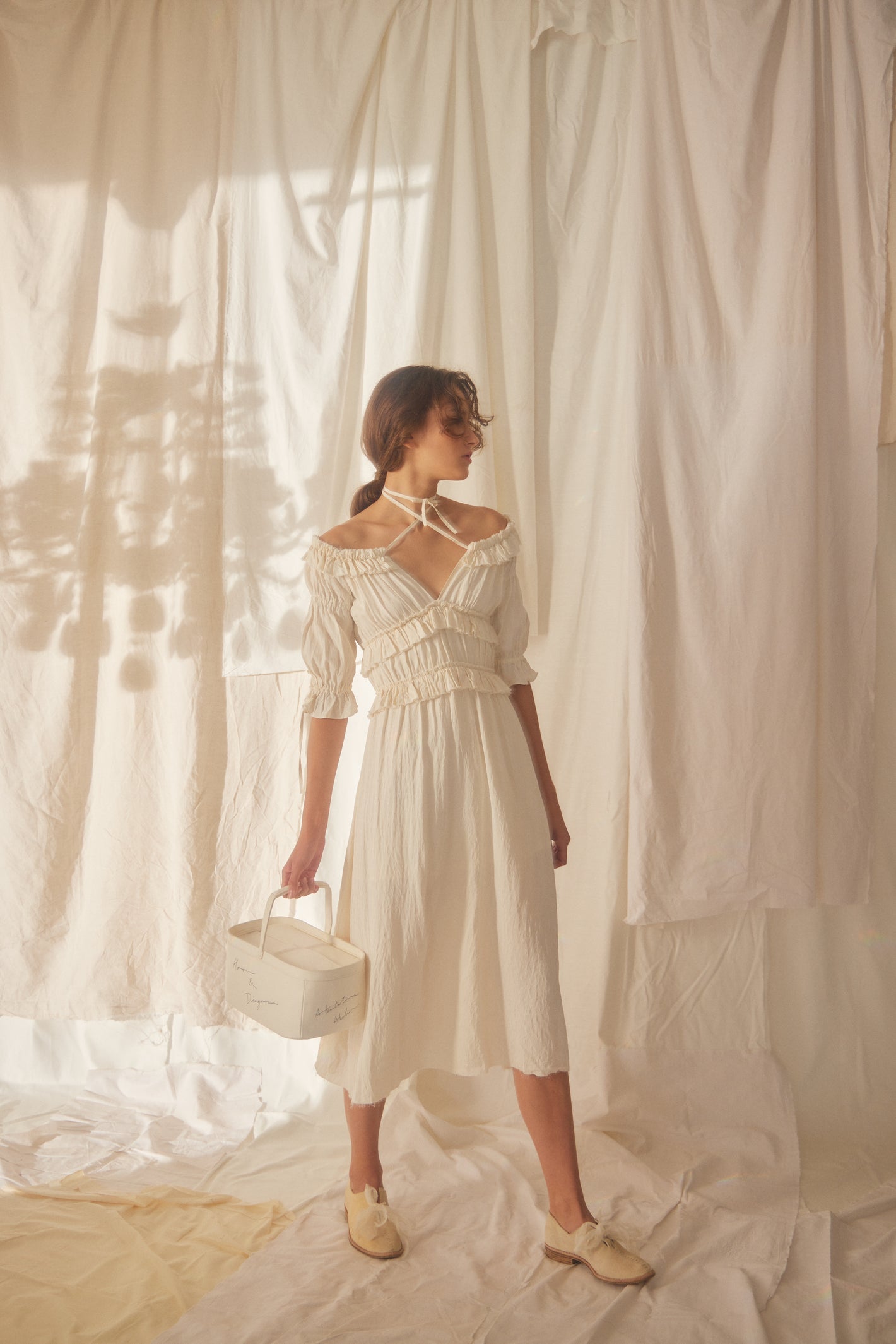 A Tentative Atelier SS22 Lookbook white criss-cross straps midi dress