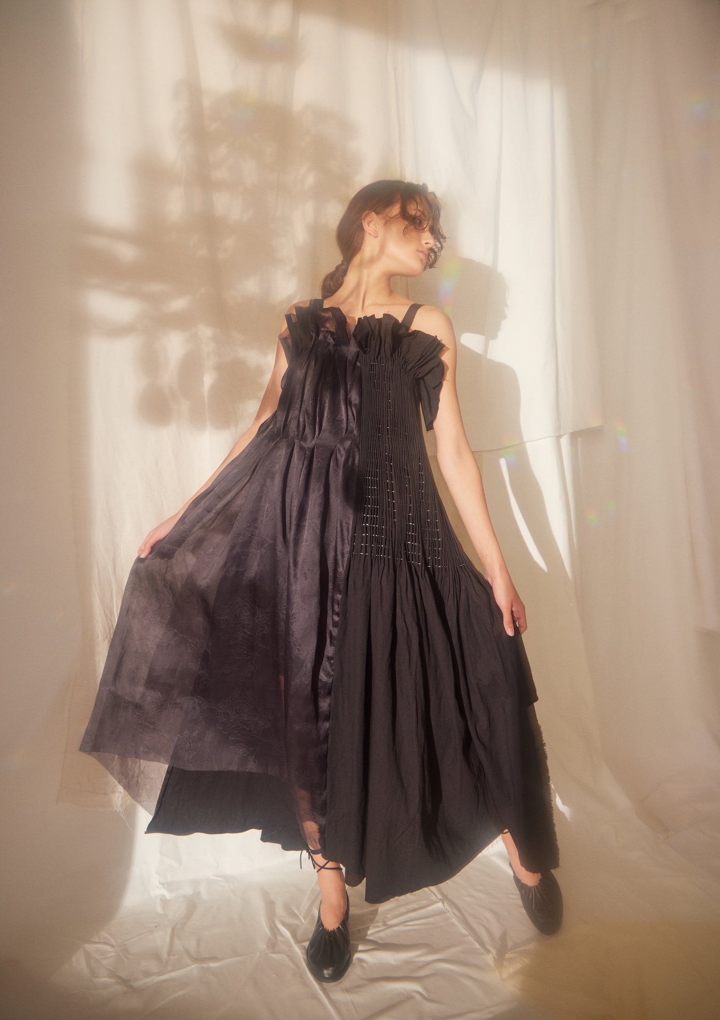 A Tentative Atelier SS22 Lookbook black ruffle neckline patchwork dress