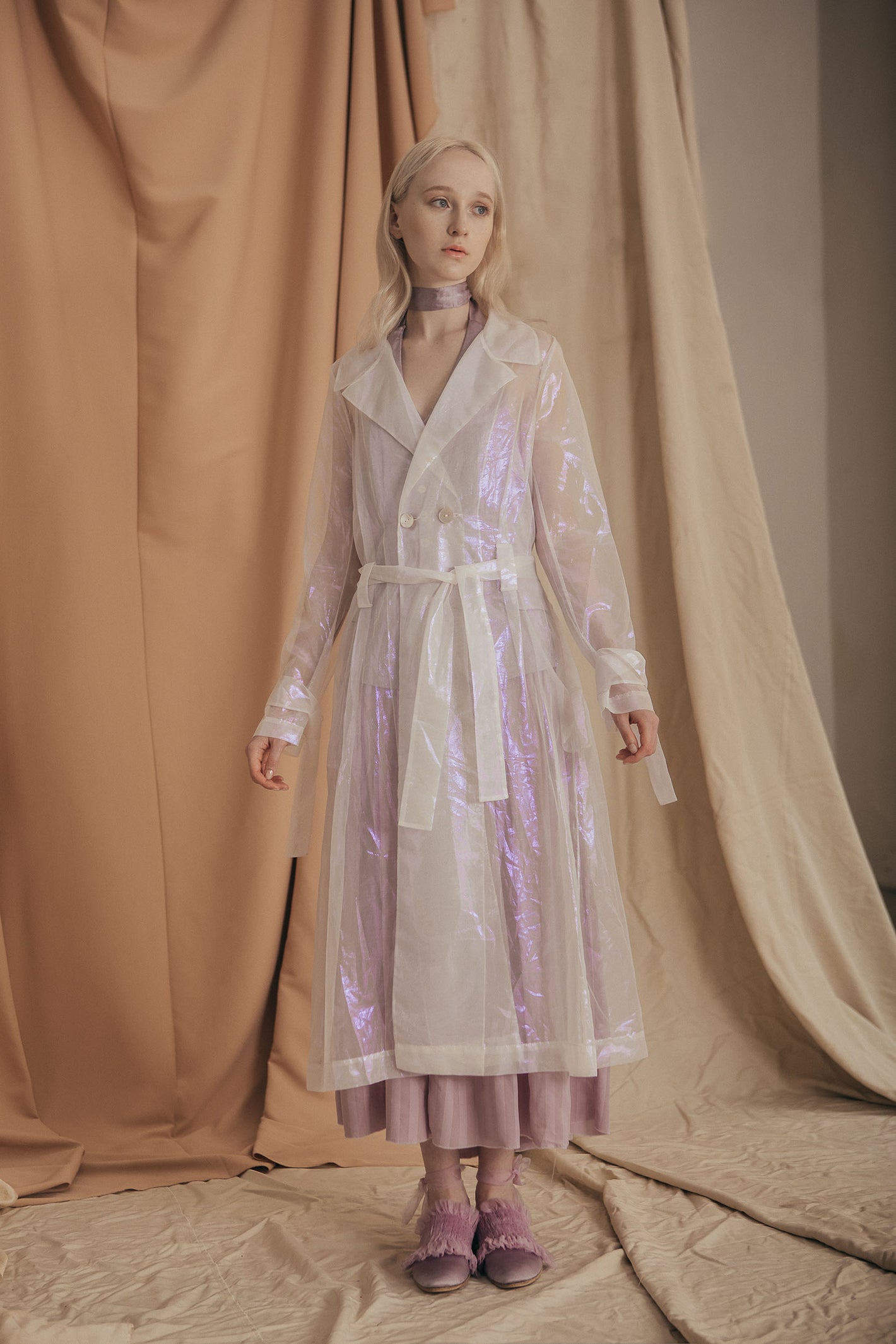 A Tentative Atelier SS20 Lookbook Womens sheer white iridescent belted coat