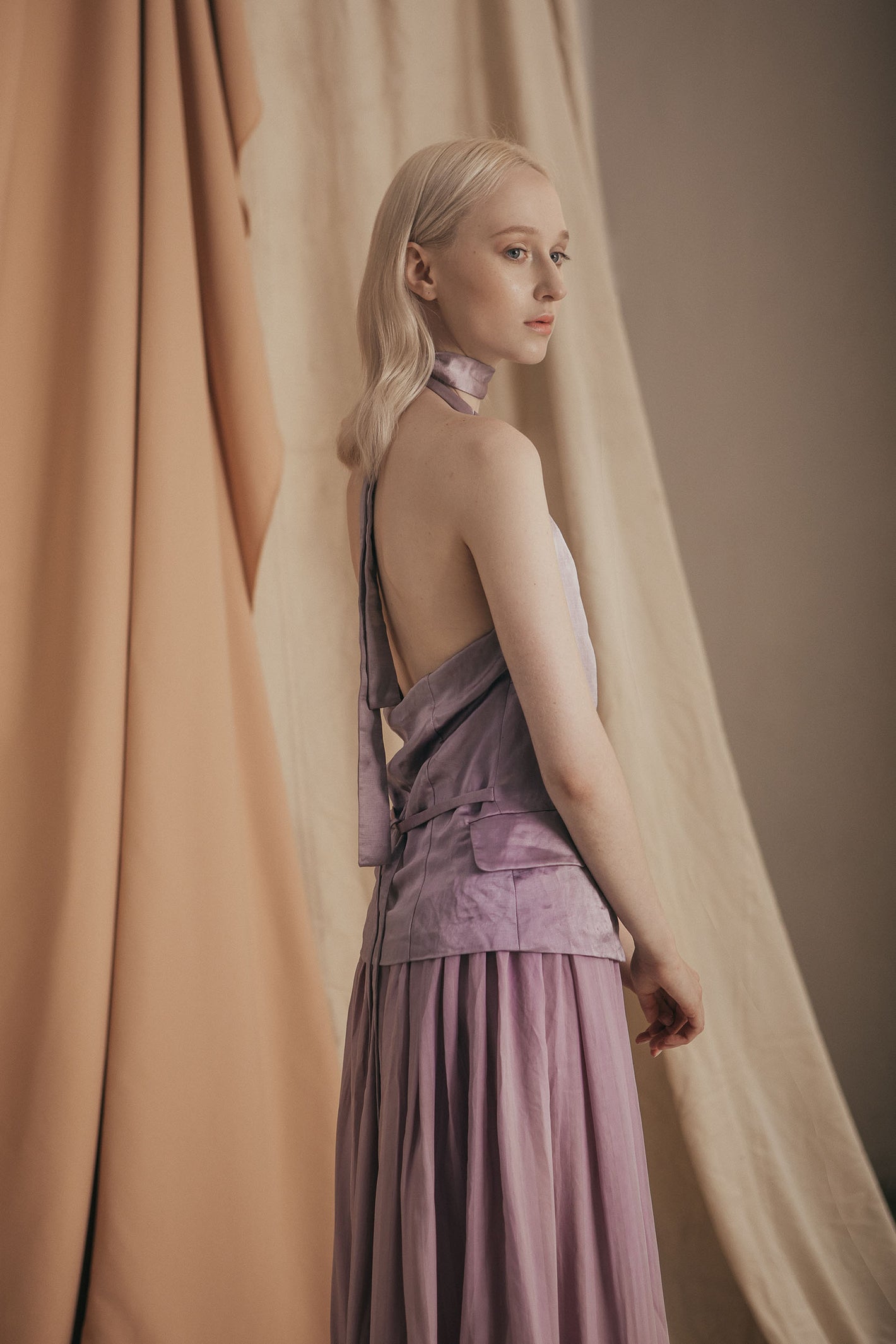 A Tentative Atelier SS20 Lookbook Womens crop of purple silk backless halter top
