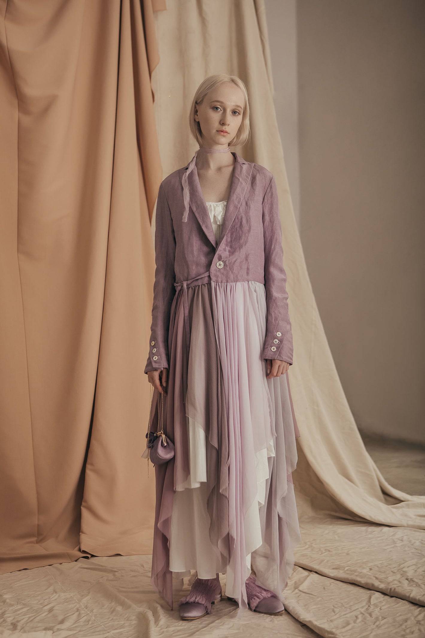 A Tentative Atelier SS20 Lookbook Womens lavender coat with a multi layered tulle ballerina skirt