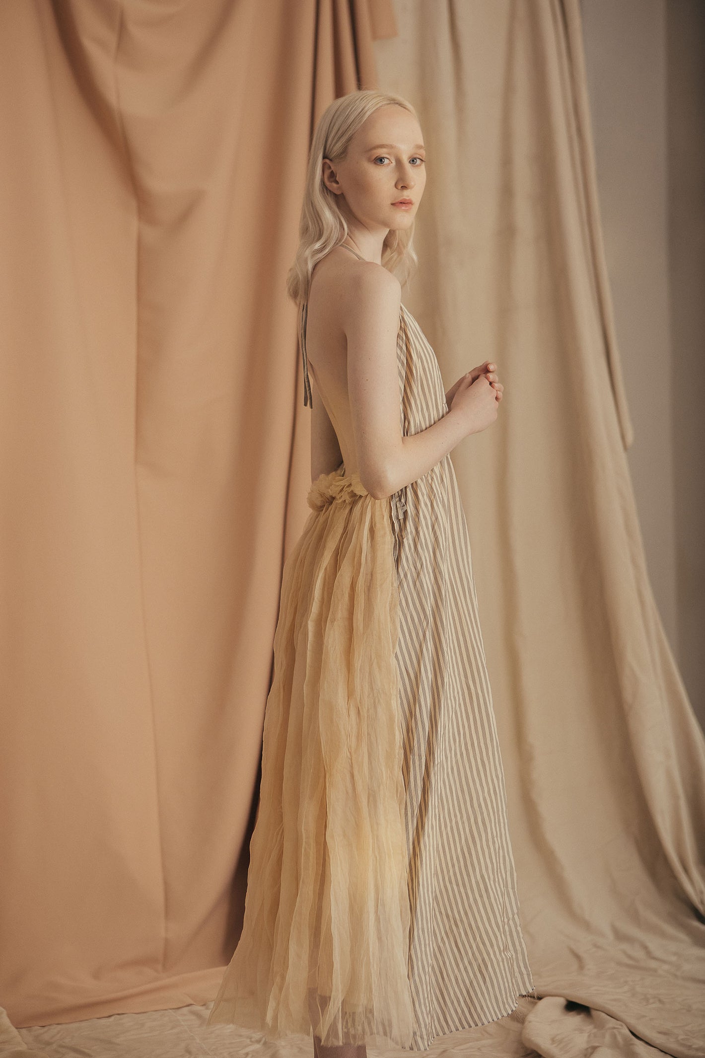 A Tentative Atelier SS20 Lookbook Womens backless striped and beige tulle halter dress