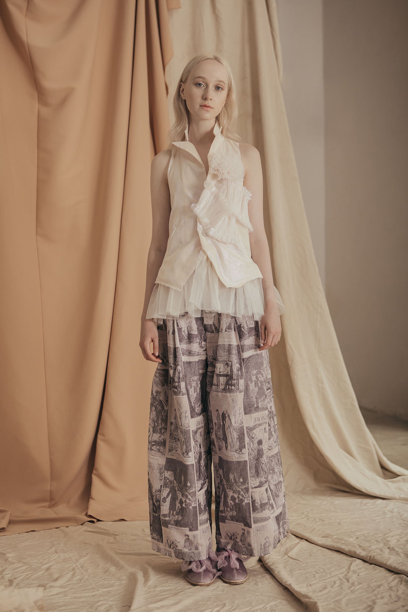 A Tentative Atelier SS20 Lookbook Womens sleeveless collar top with tulle smocked appliqué and tulle hem, and sepia printed trousers