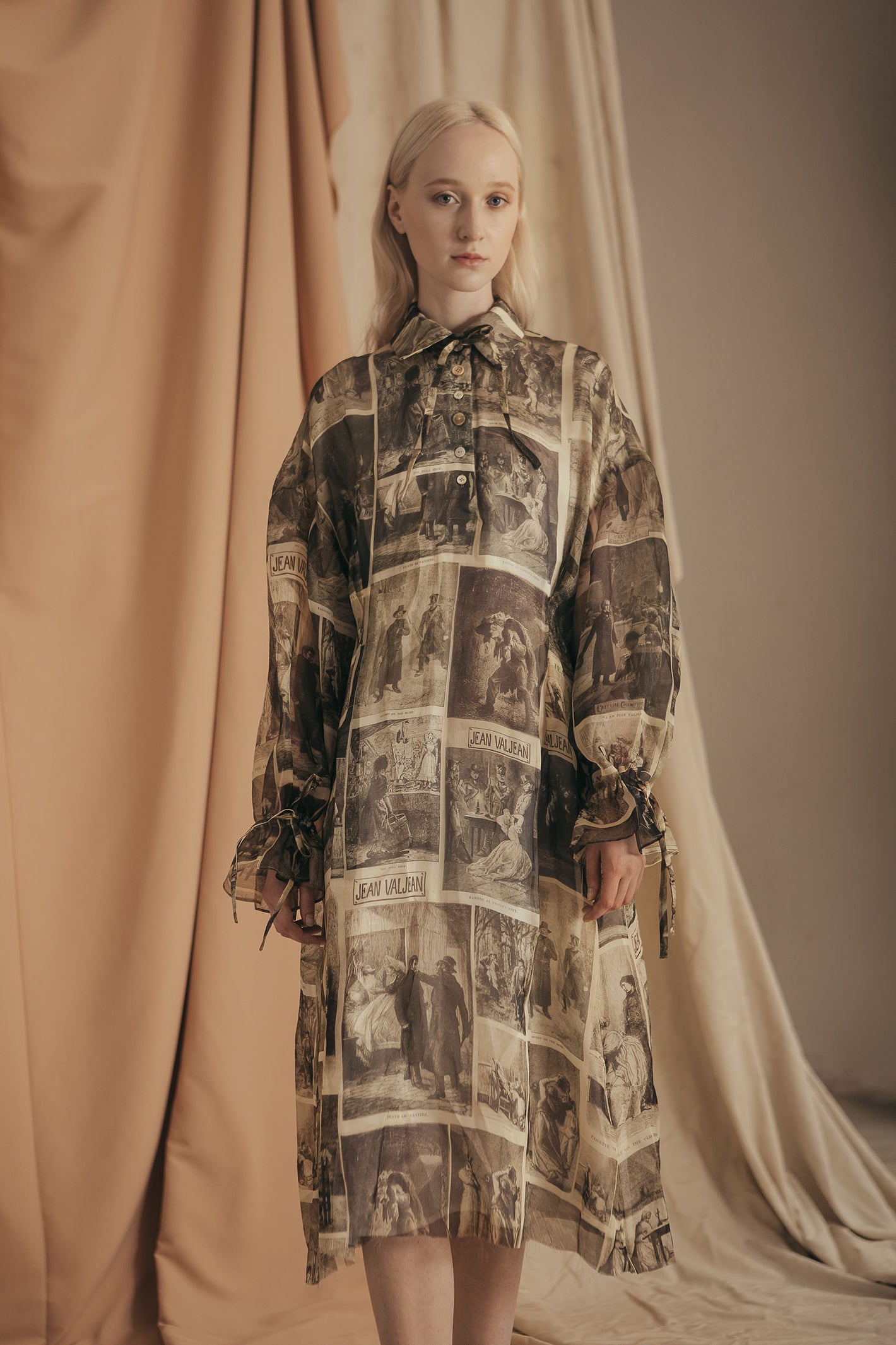A Tentative Atelier SS20 Lookbook Womens printed buttoned dress with gathered sleeves