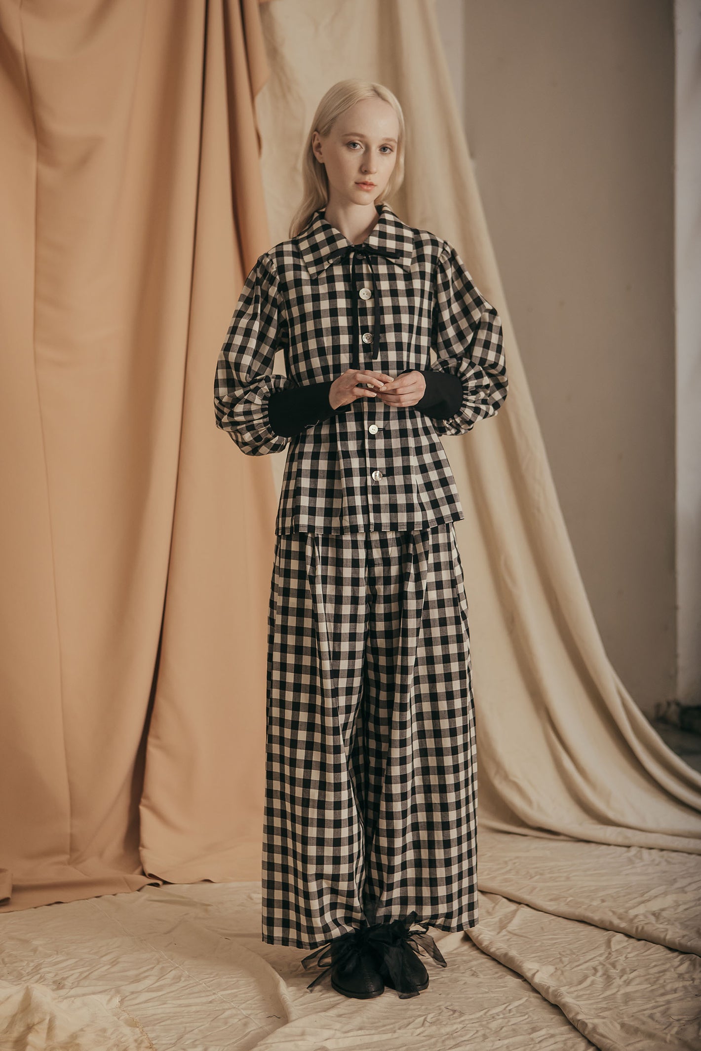 A Tentative Atelier SS20 Lookbook Womens black and cream gingham top and trouser set