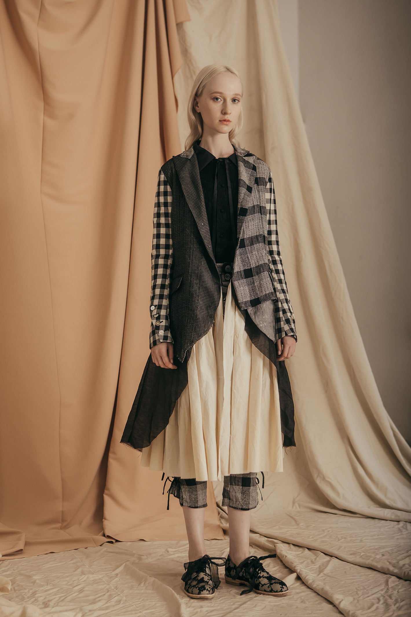 A Tentative Atelier SS20 Lookbook Womens black and white patchwork coat