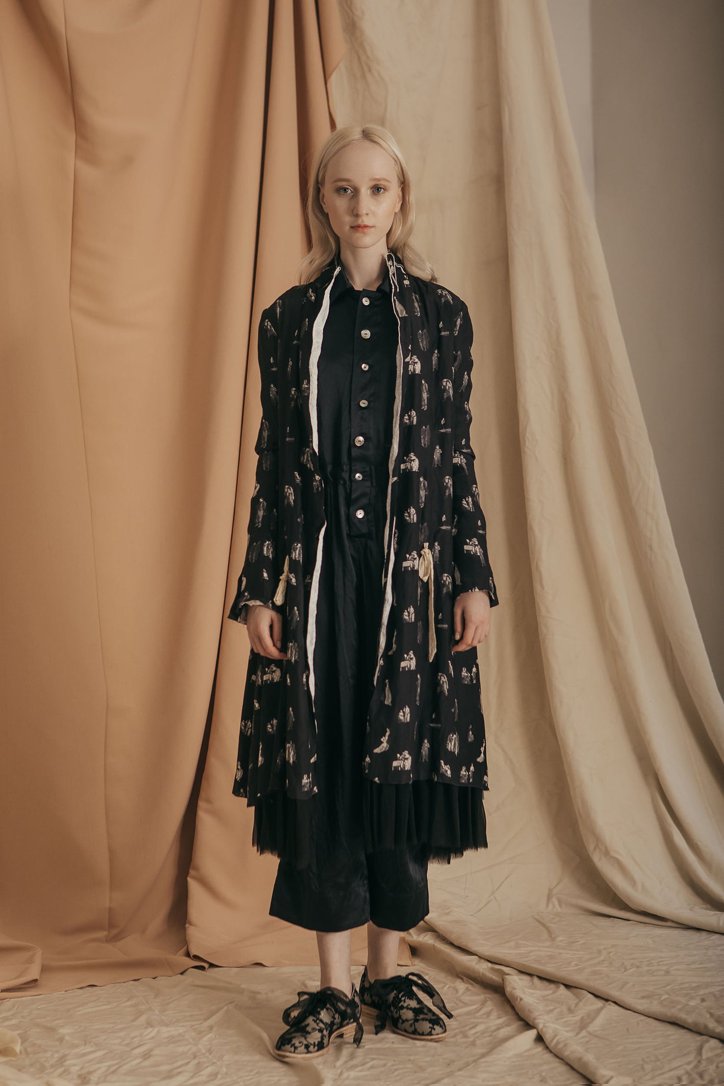 A Tentative Atelier SS20 Lookbook Womens black printed coat