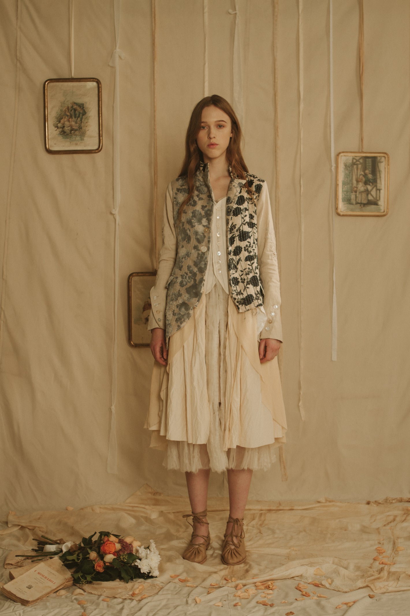 A Tentative Atelier SS19 Lookbook Womens printed patchwork jacket and layered cream dress