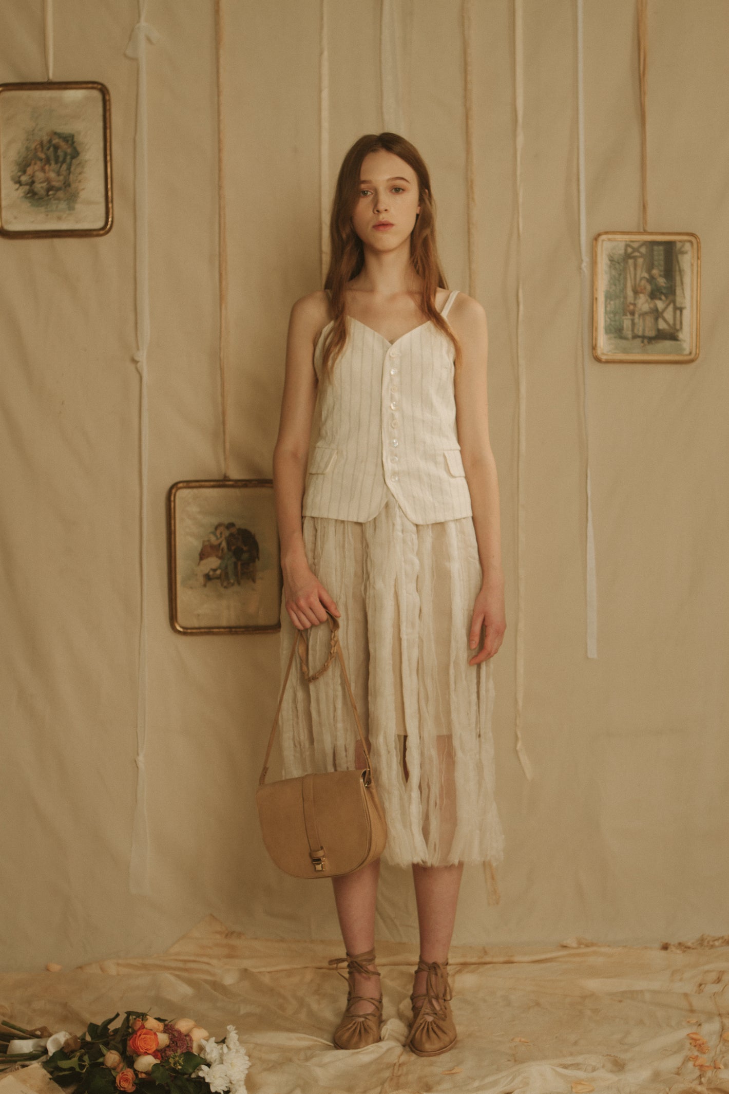A Tentative Atelier SS19 Lookbook Womens white striped straps button top and layered skirt