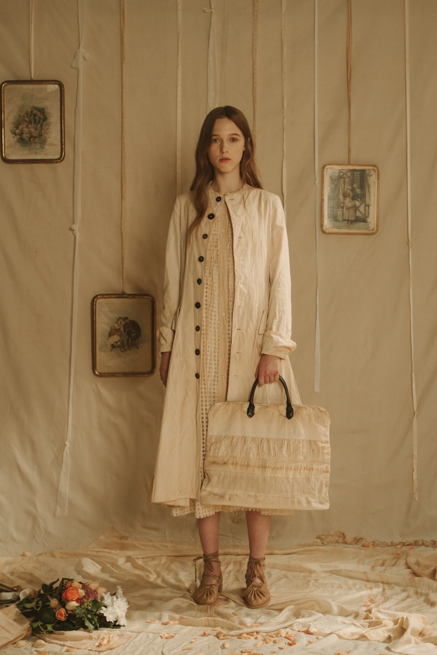 A Tentative Atelier SS19 Lookbook Womens white coat, gingham print dress, and large cloth top handle bag