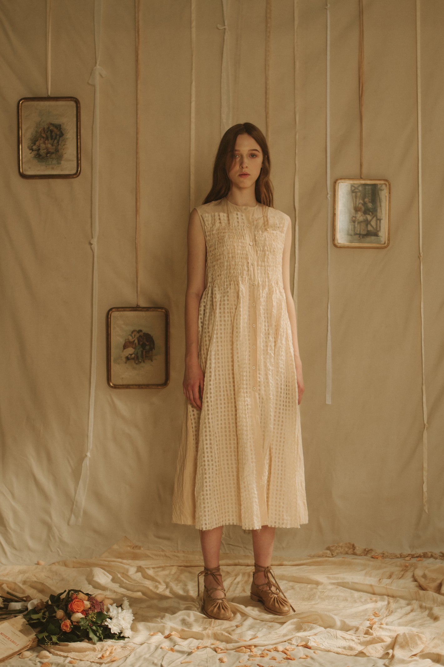 A Tentative Atelier SS19 Lookbook Womens ivory gingham sleeveless dress with smocked top