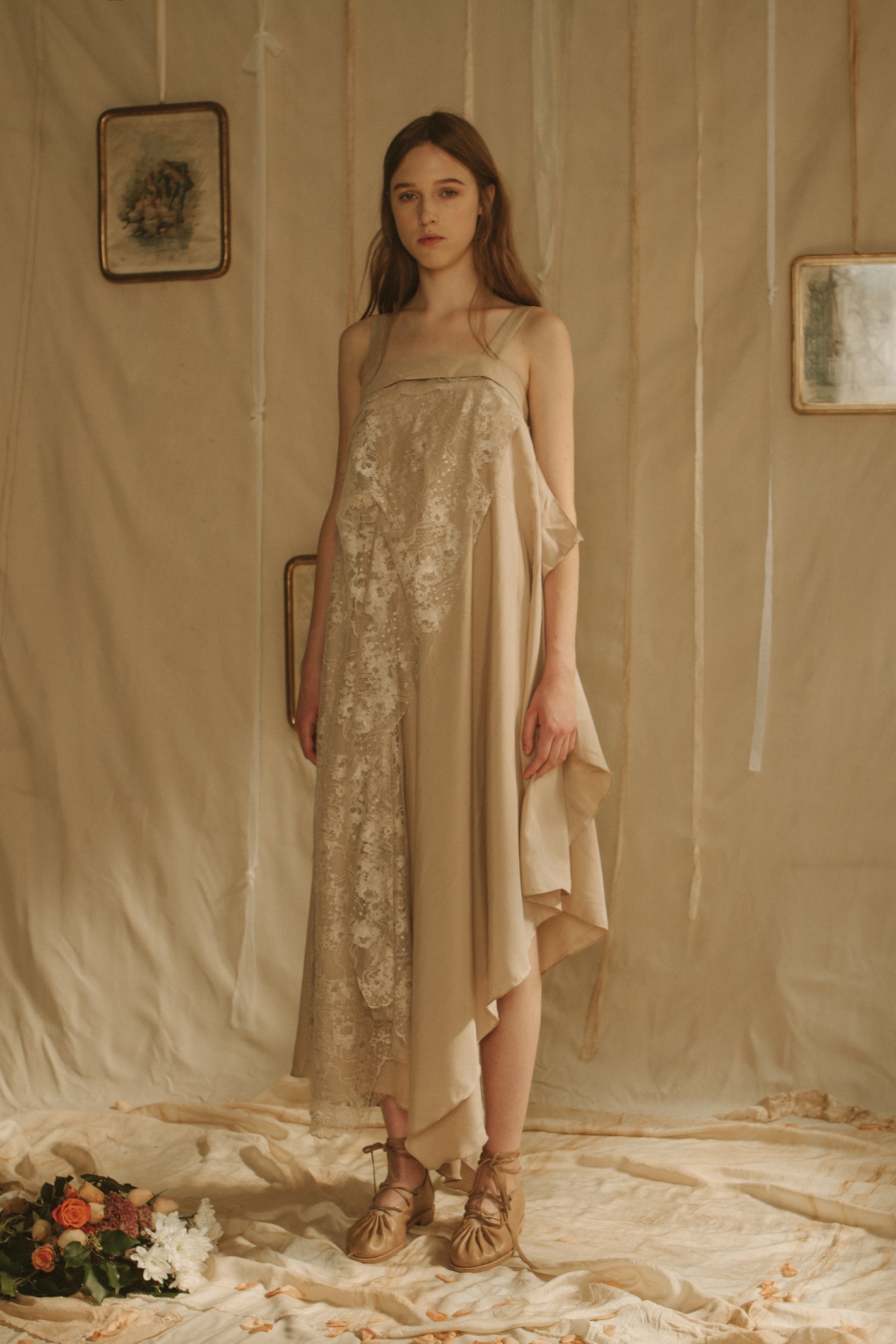 A Tentative Atelier SS19 Lookbook Womens beige draped dress with shoulder straps and overlaid lace panel