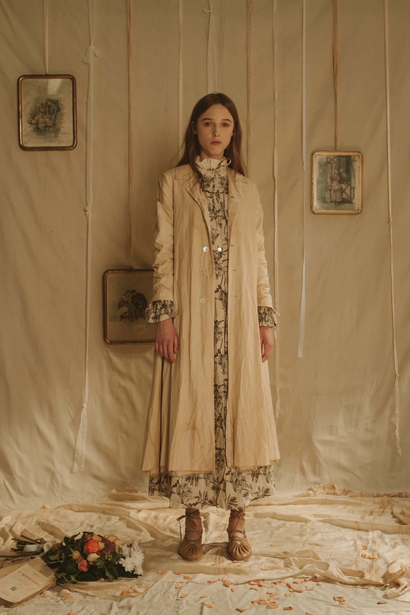 A Tentative Atelier SS19 Lookbook Womens beige coat and printed ruffle collar dress
