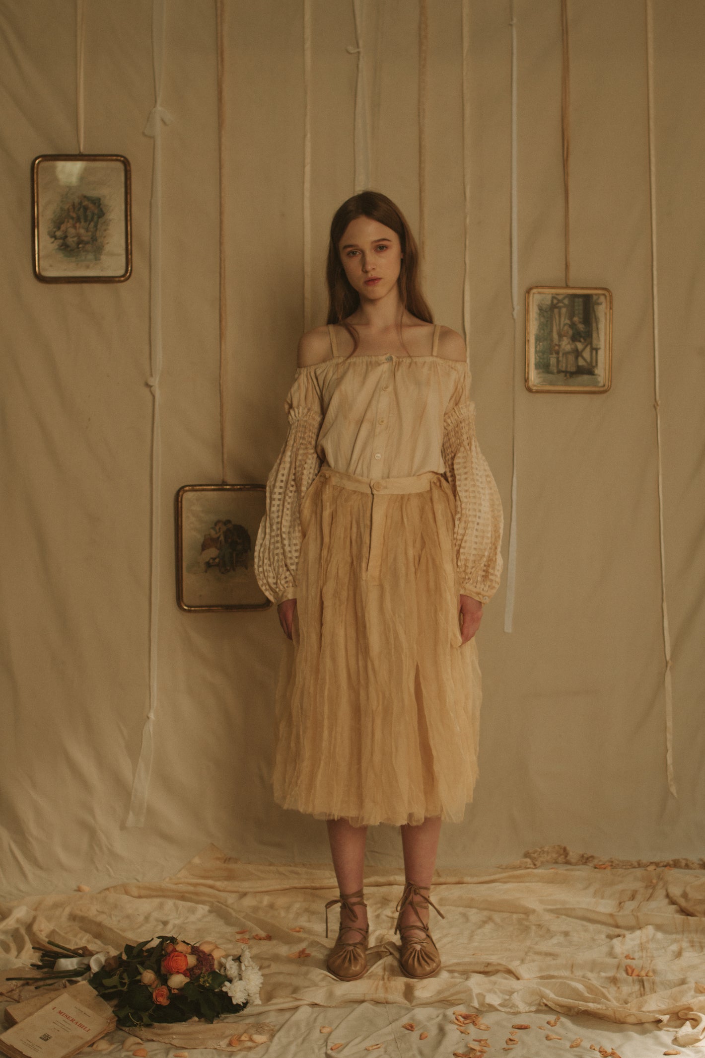 A Tentative Atelier SS19 Lookbook Womens beige gingham off shoulder top with balloon sleeves and beige tulle skirt