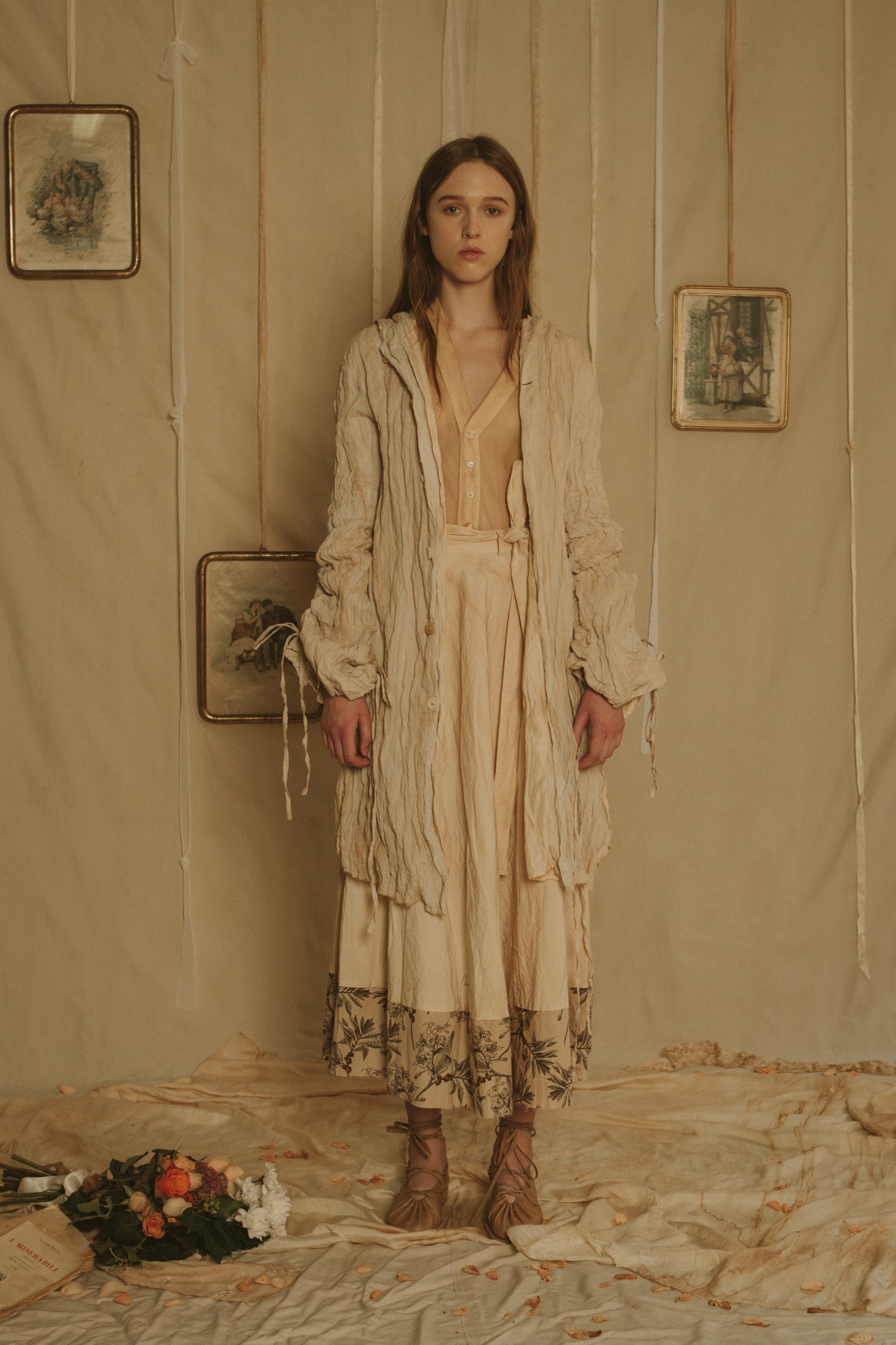 A Tentative Atelier SS19 Lookbook Womens ivory crinkle coat and pleated skirt with printed hem