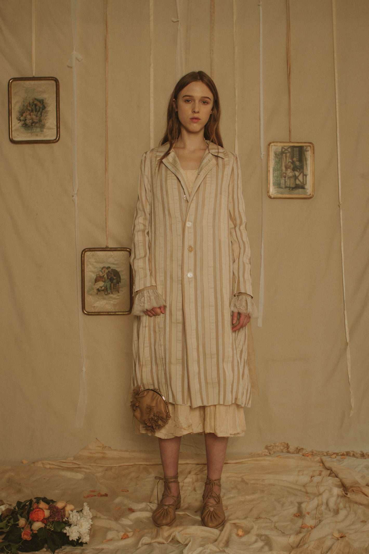 A Tentative Atelier SS19 Lookbook Womens striped coat and round cloth chain bag