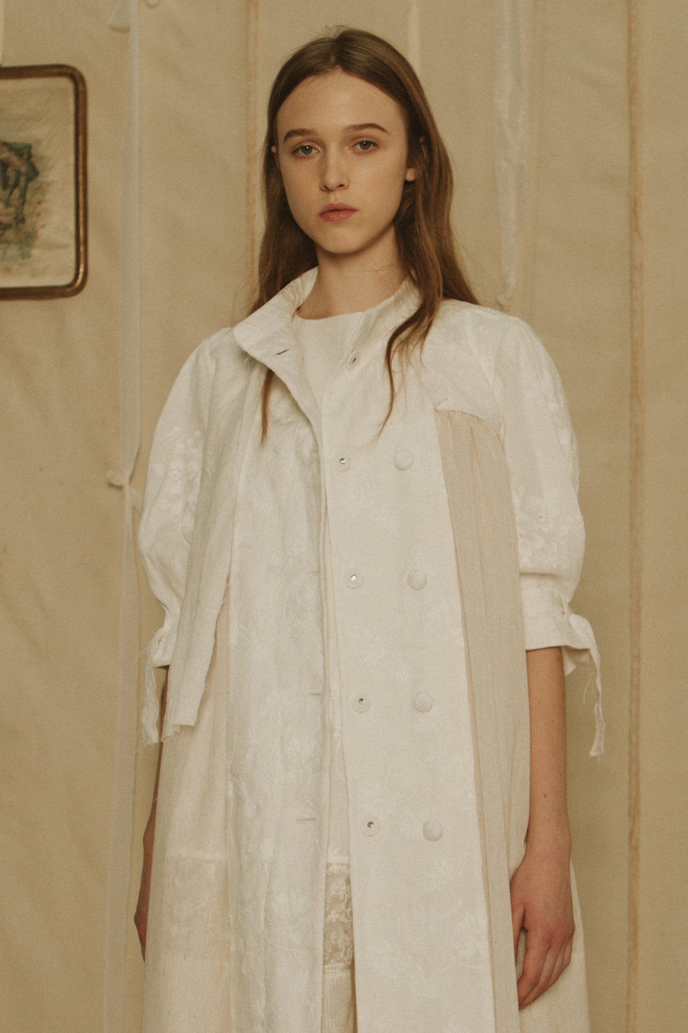 A Tentative Atelier SS19 Lookbook Womens crop of white embroidered half length sleeves coat