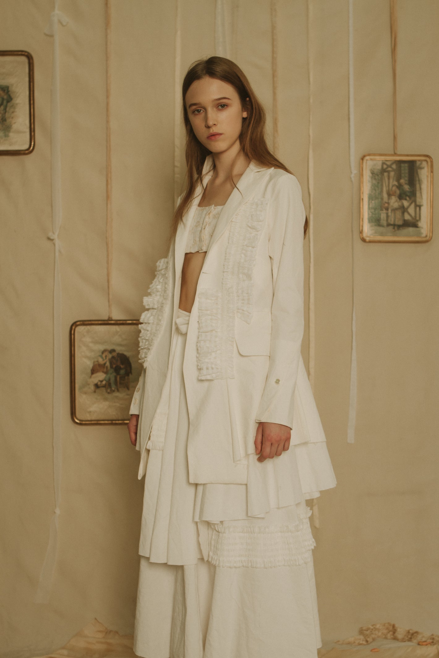 A Tentative Atelier SS19 Lookbook Womens crop of white jacket with smocked appliqué