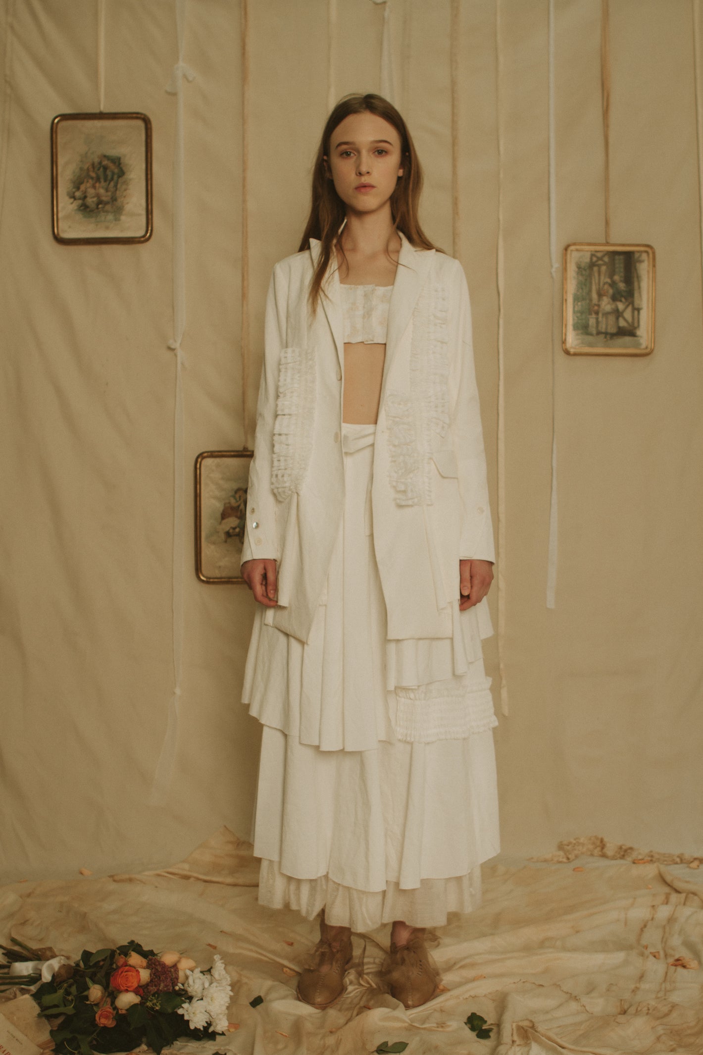 A Tentative Atelier SS19 Lookbook Womens white jacket with smocked appliqué and layered white skirt