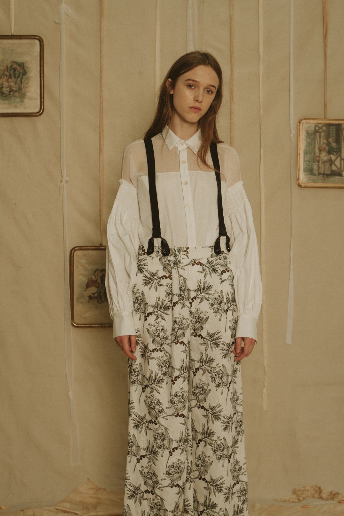 A Tentative Atelier SS19 Lookbook Womens crop of white shirt with sheer panel and printed suspender trousers