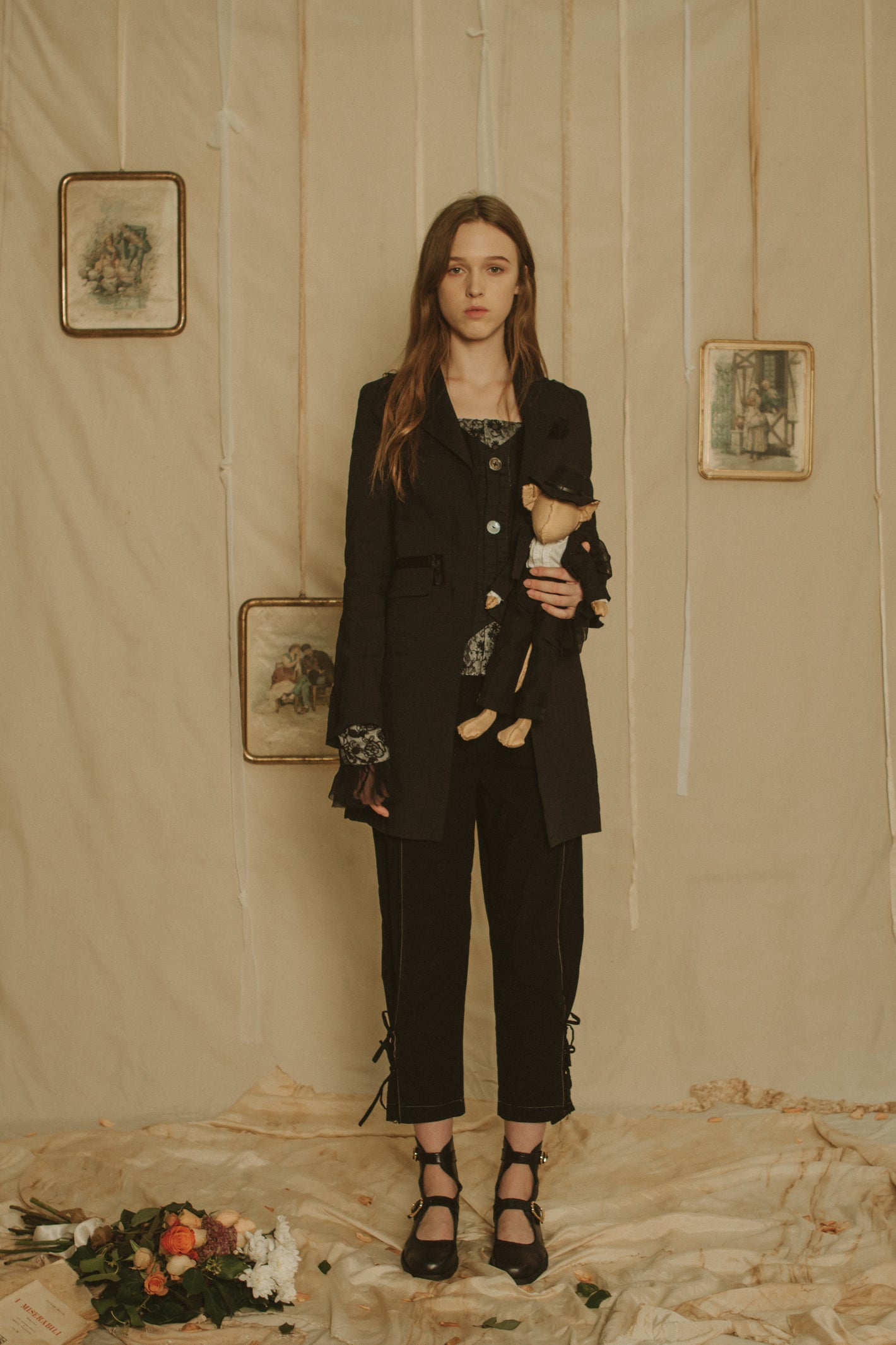 A Tentative Atelier SS19 Lookbook Womens black suit, lace detail top and matching plushie doll