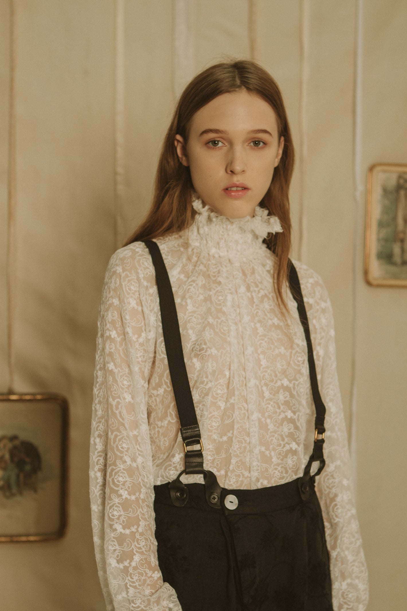 A Tentative Atelier SS19 Lookbook Womens crop of white lace top with ruffle collar
