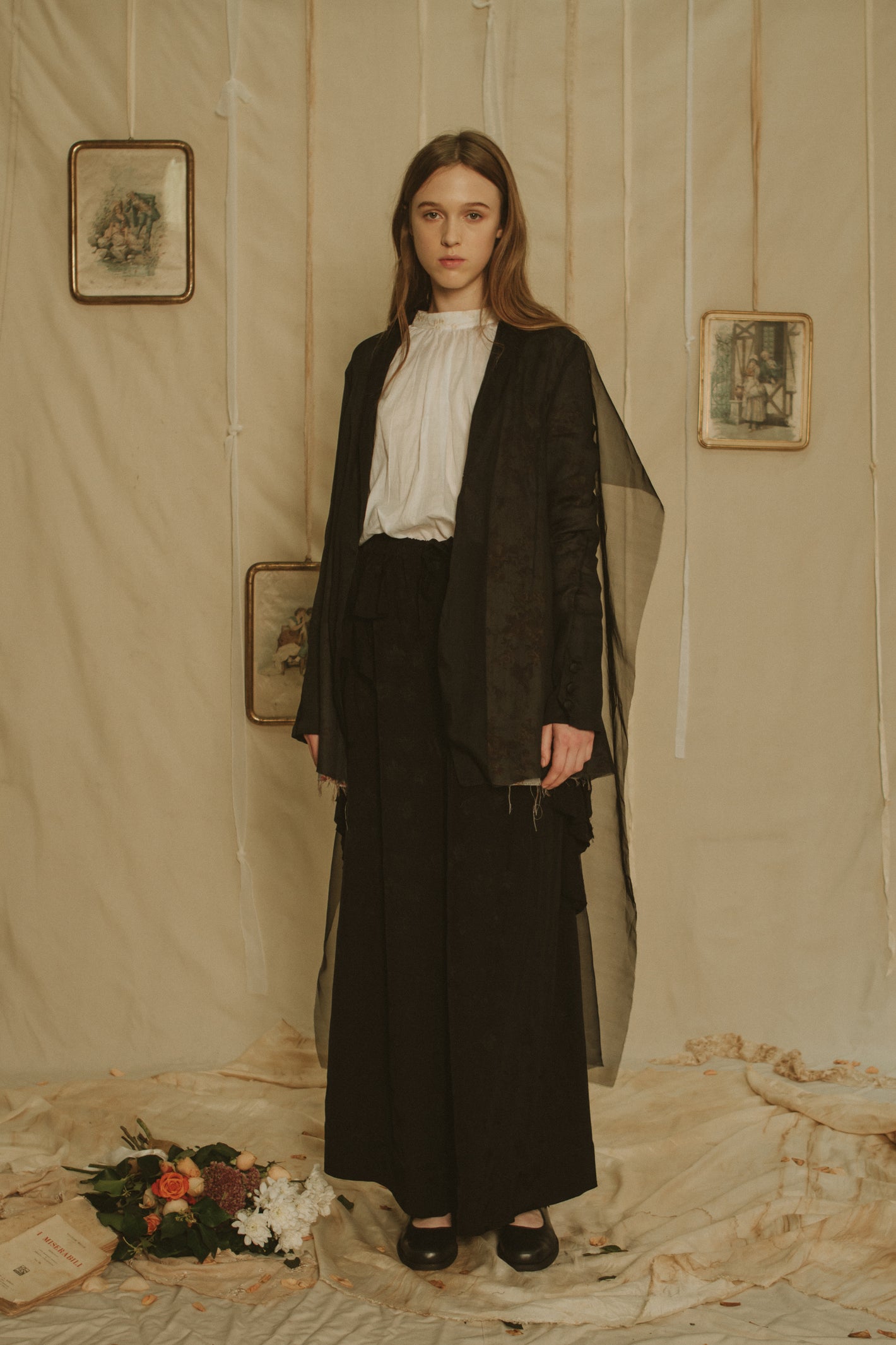 A Tentative Atelier SS19 Lookbook Womens black embroidered suit with sheer back appliqué panel