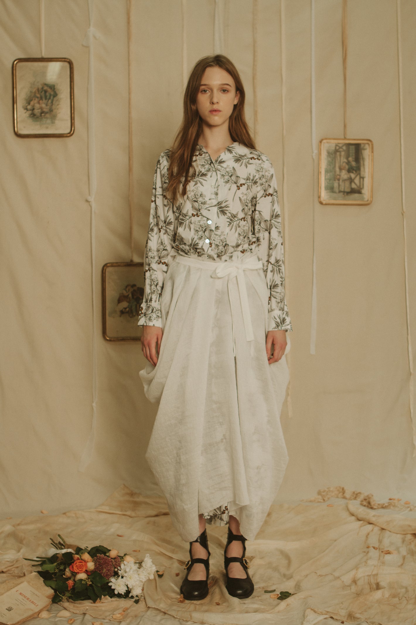 A Tentative Atelier SS19 Lookbook Womens black and white printed shirt and white draped skirt