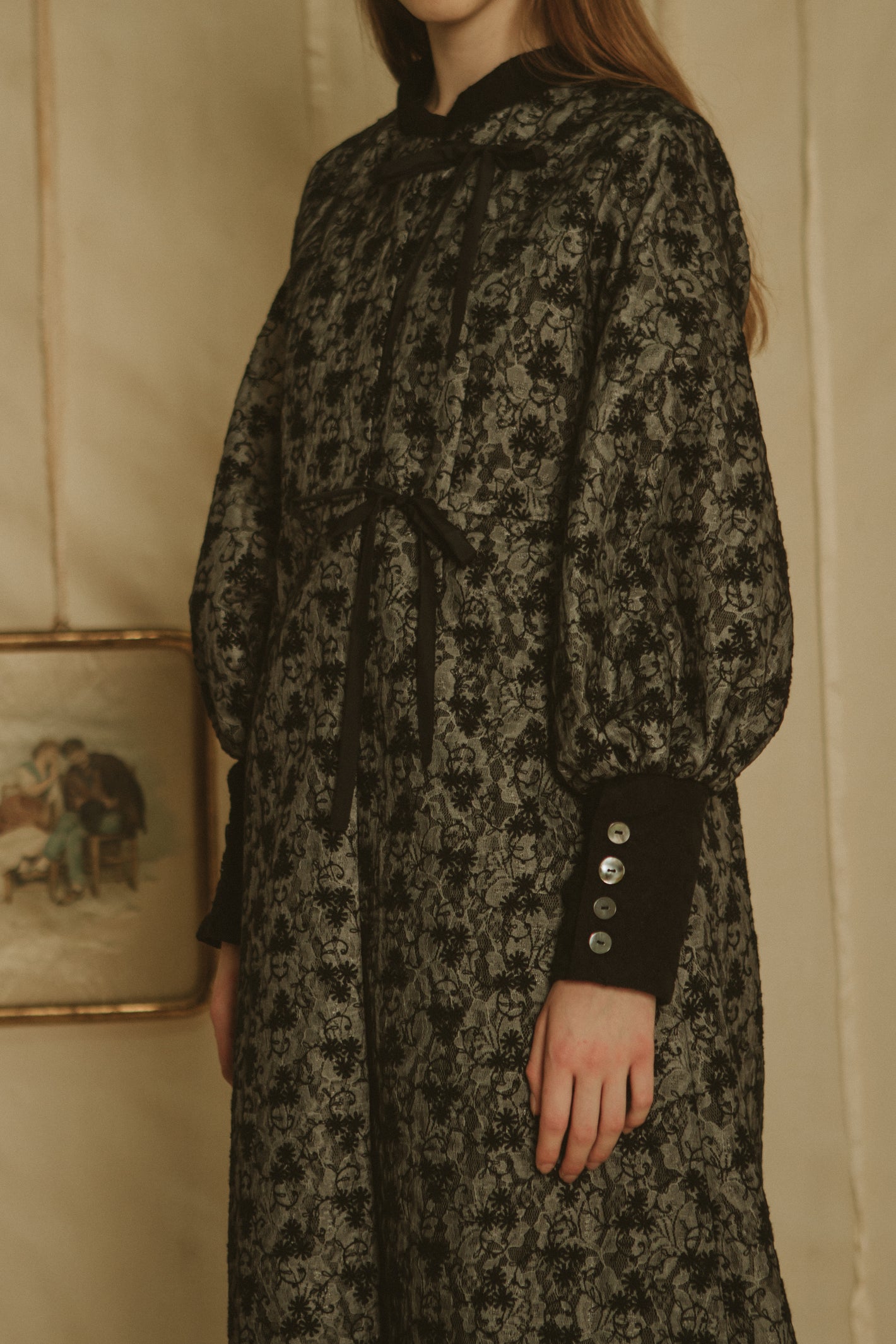 A Tentative Atelier SS19 Lookbook Womens crop of black lace dress with 4 button cuffs
