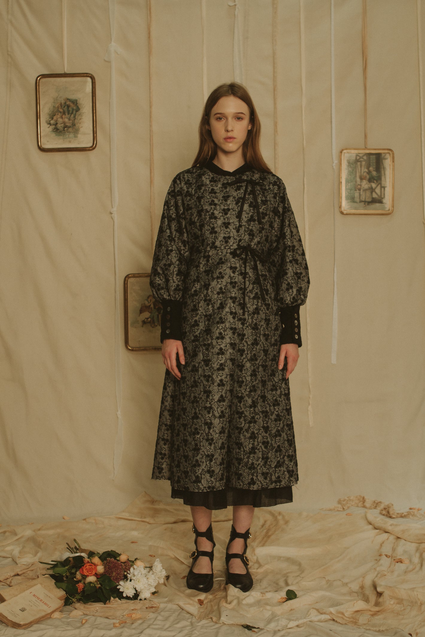 A Tentative Atelier SS19 Lookbook Womens long black lace dress with long sleeves